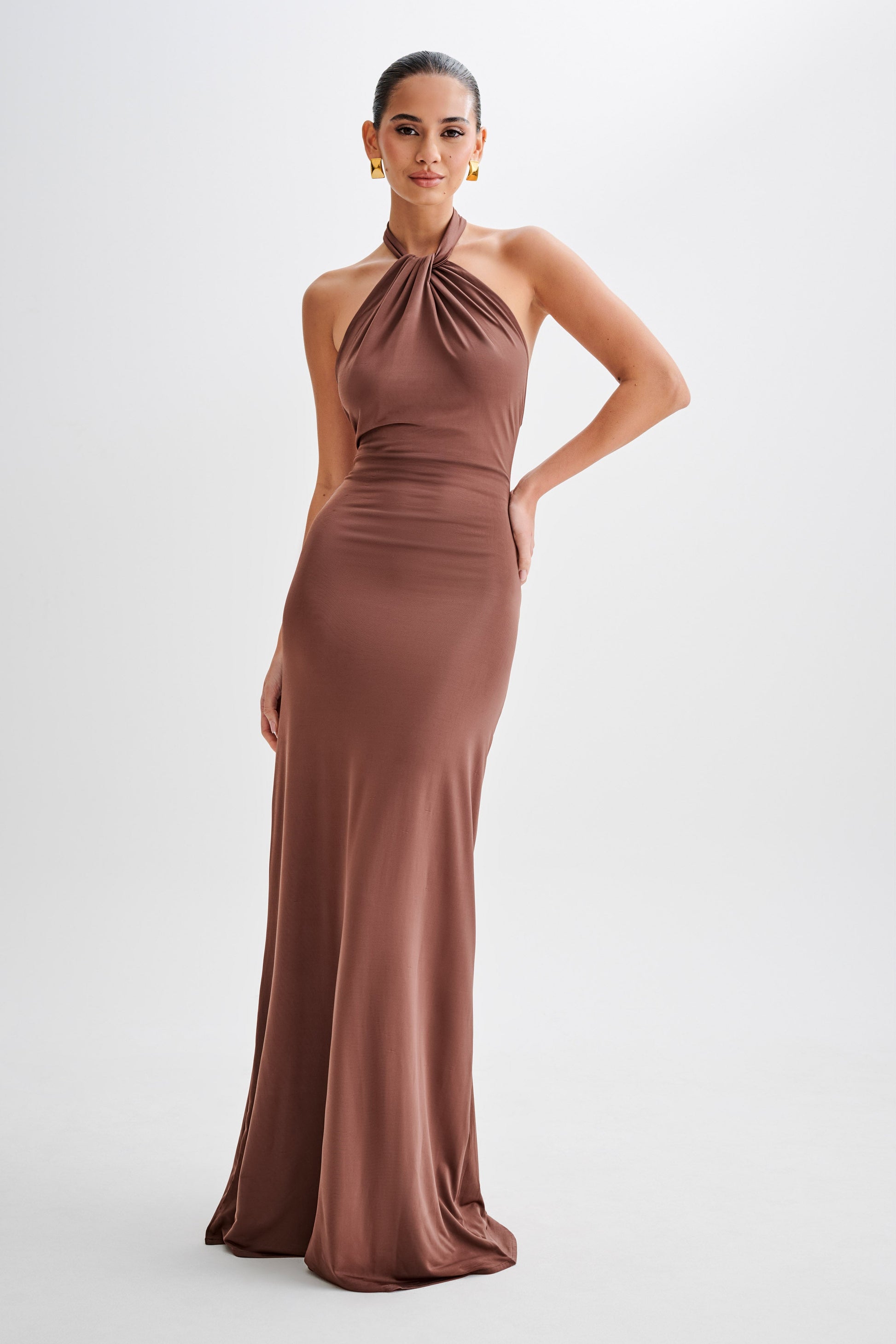Elyna Slinky Halter Maxi Dress / Chocolate | MESHKI