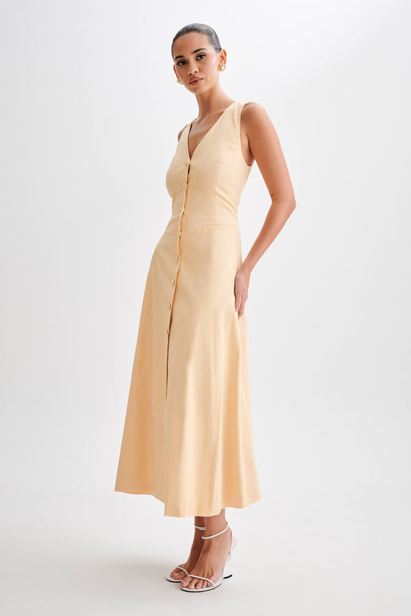 Theodora Cotton Buttoned Midi Dress - Peach