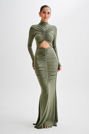 Pia Slinky Long Sleeve Cutout Maxi Dress - Military Olive