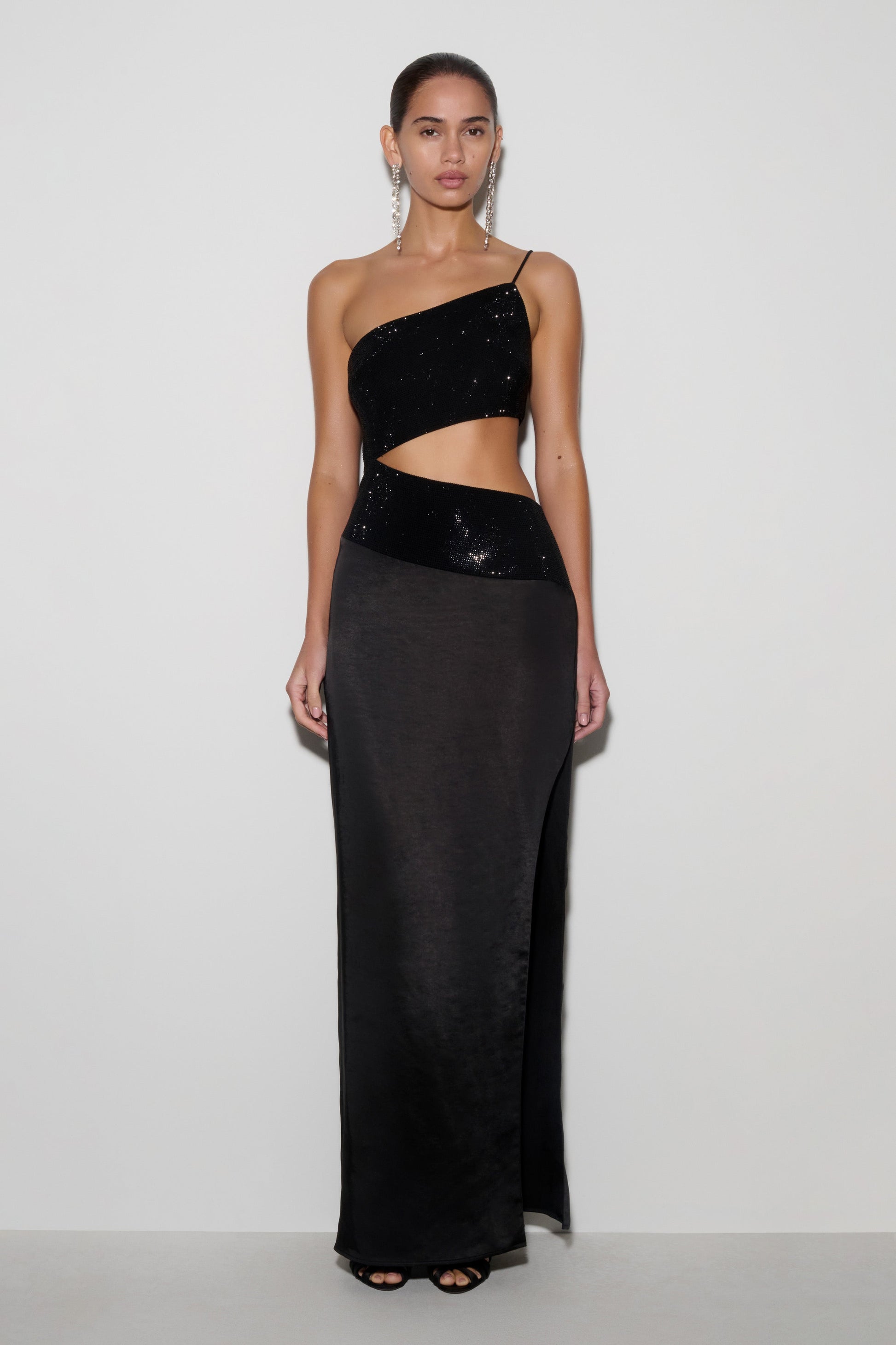 Athena One Shoulder Diamante Maxi Dress / Black | MESHKI