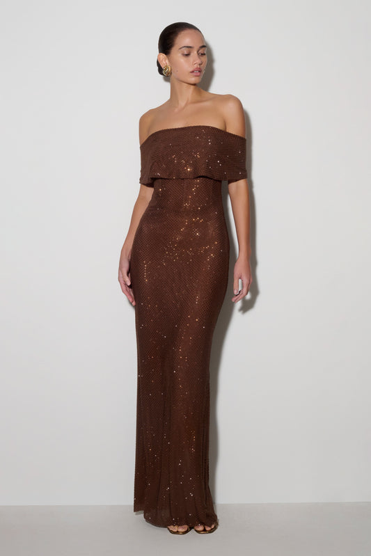 Phi Multi-Wear Cowl Diamante Maxi Dress - Chocolate