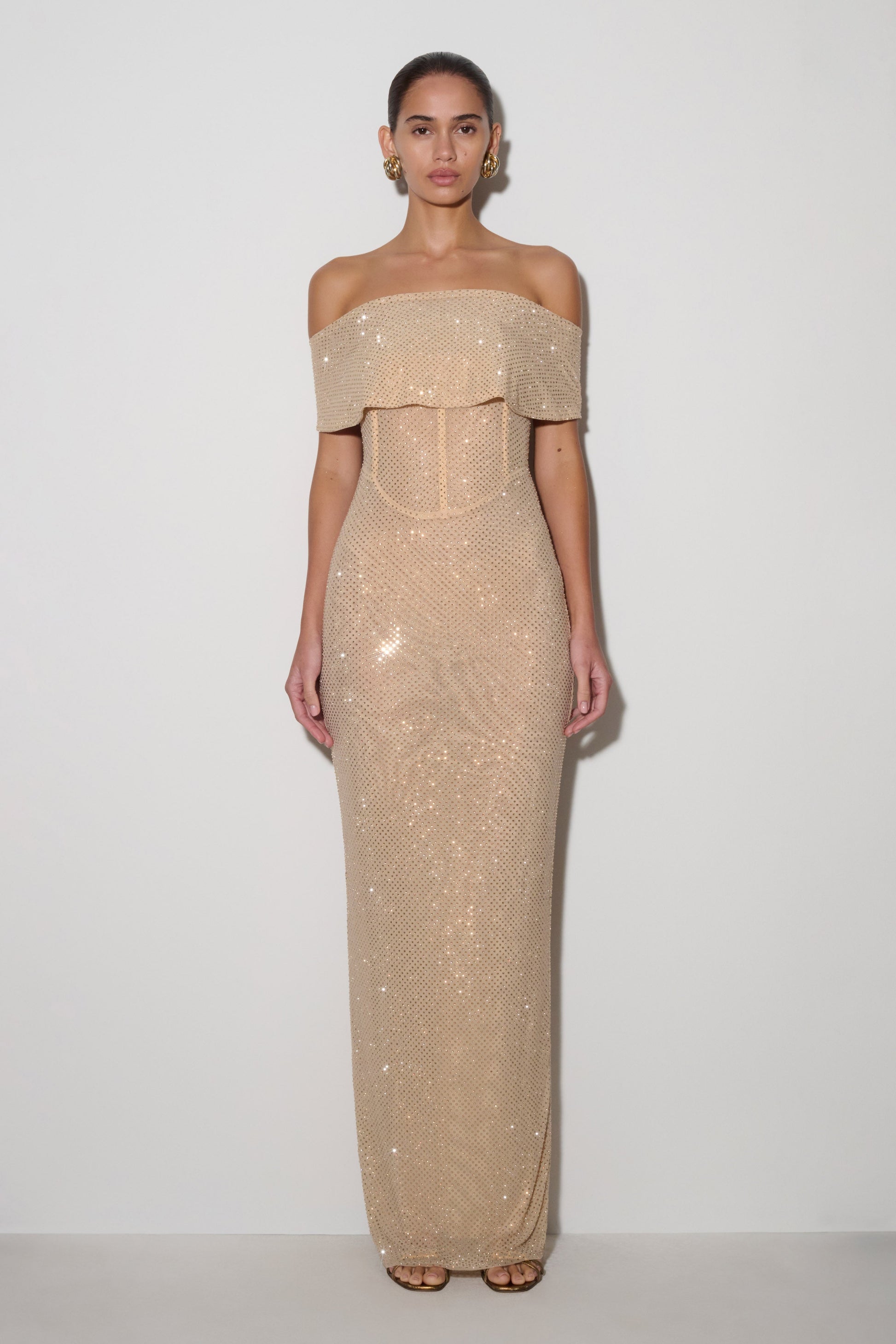 Phi Multi/Wear Cowl Diamante Maxi Dress / Gold | MESHKI | XS Phi Multi/Wear Cowl Diamante Maxi Dress / Gold | MESHKI | XS