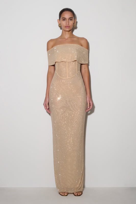 Phi Multi-Wear Cowl Diamante Maxi Dress - Gold
