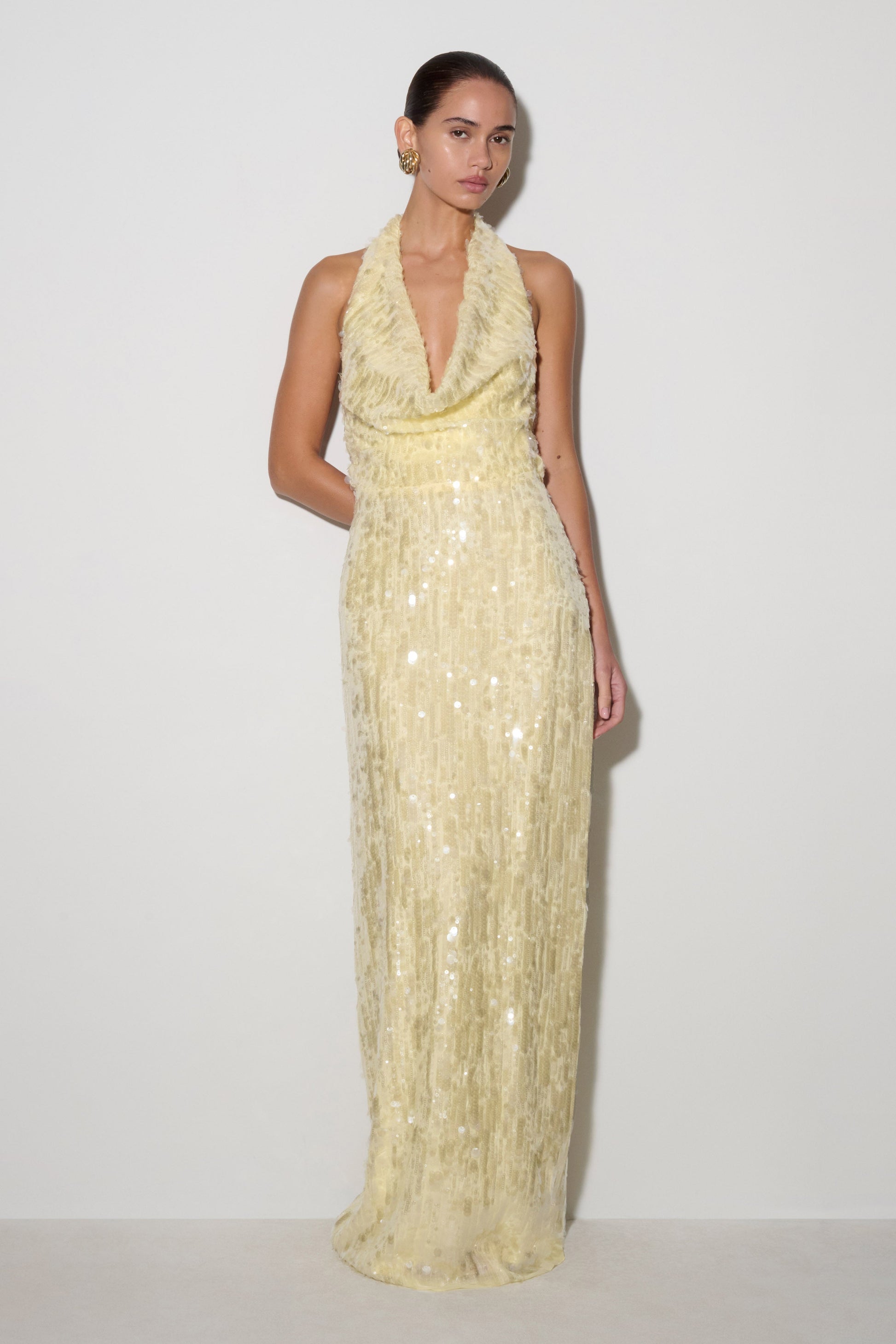Gertrud Sequin Halter Maxi Dress / Lemon | MESHKI