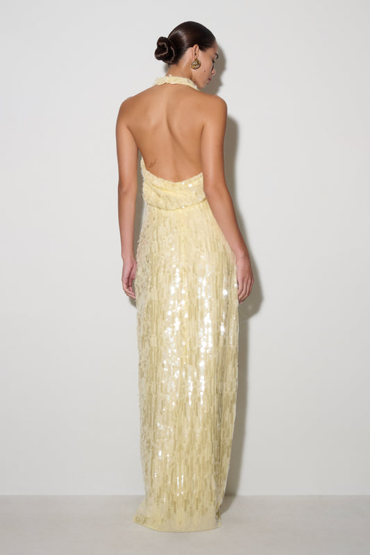 maxi dresses sparkly Sequin Backless Split Dress Black / L front length 51.9 in Navy Sequin Dress - Lace-Up