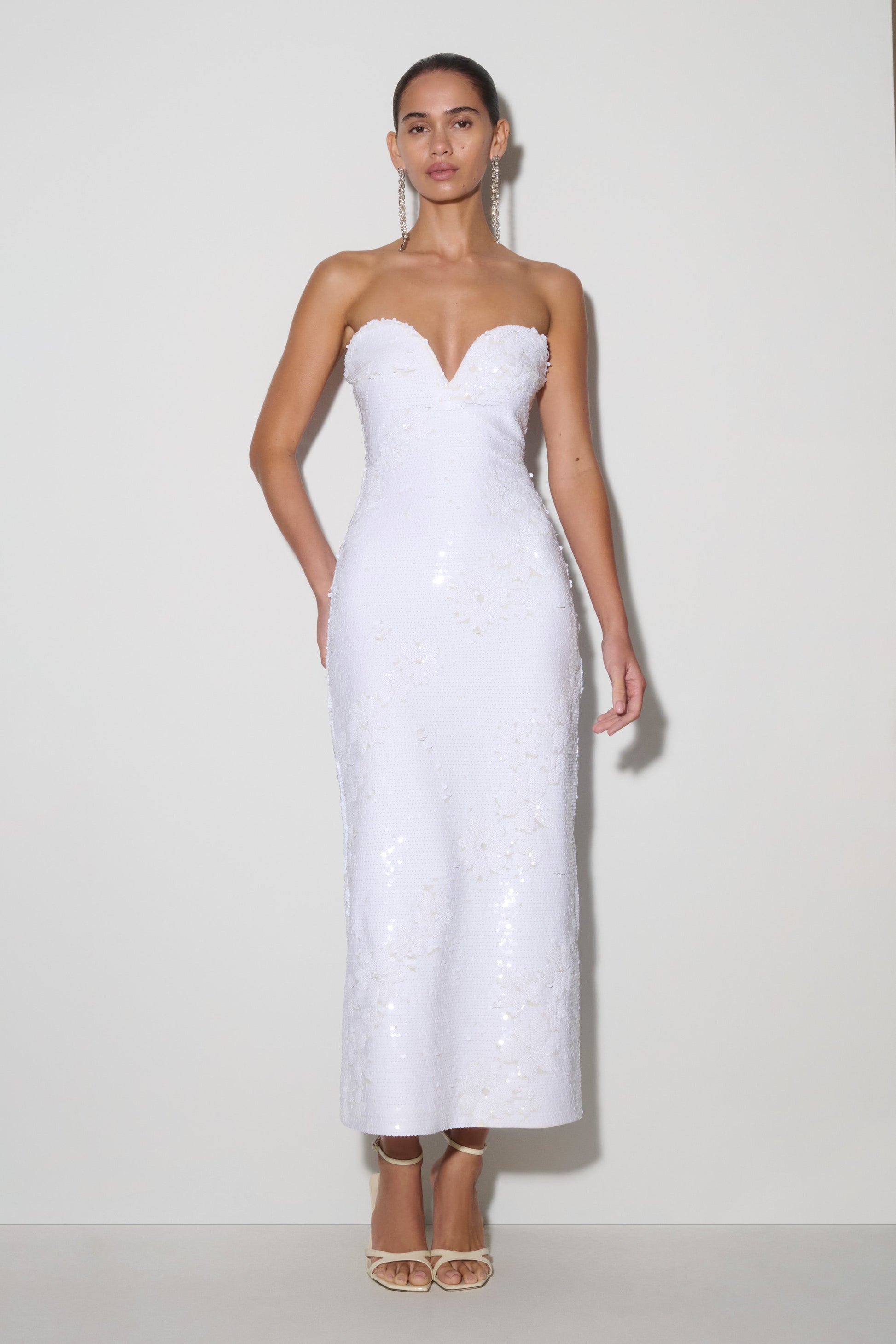 Maisie Strapless Sequin Midi Dress / White | MESHKI