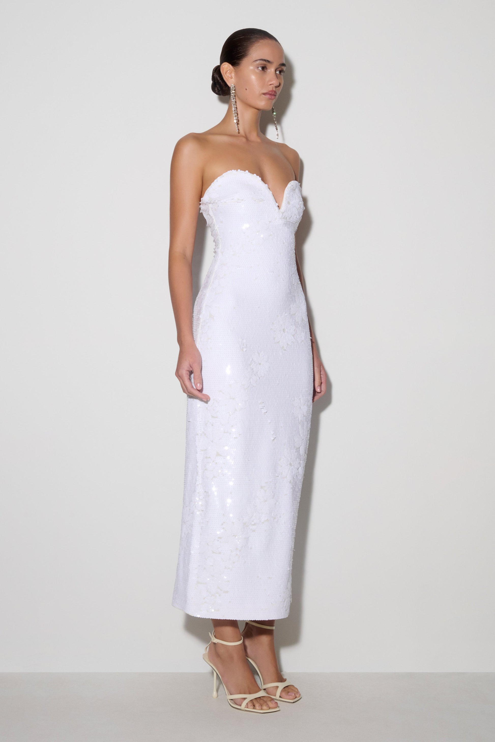Maisie Strapless Sequin Midi Dress / White | MESHKI