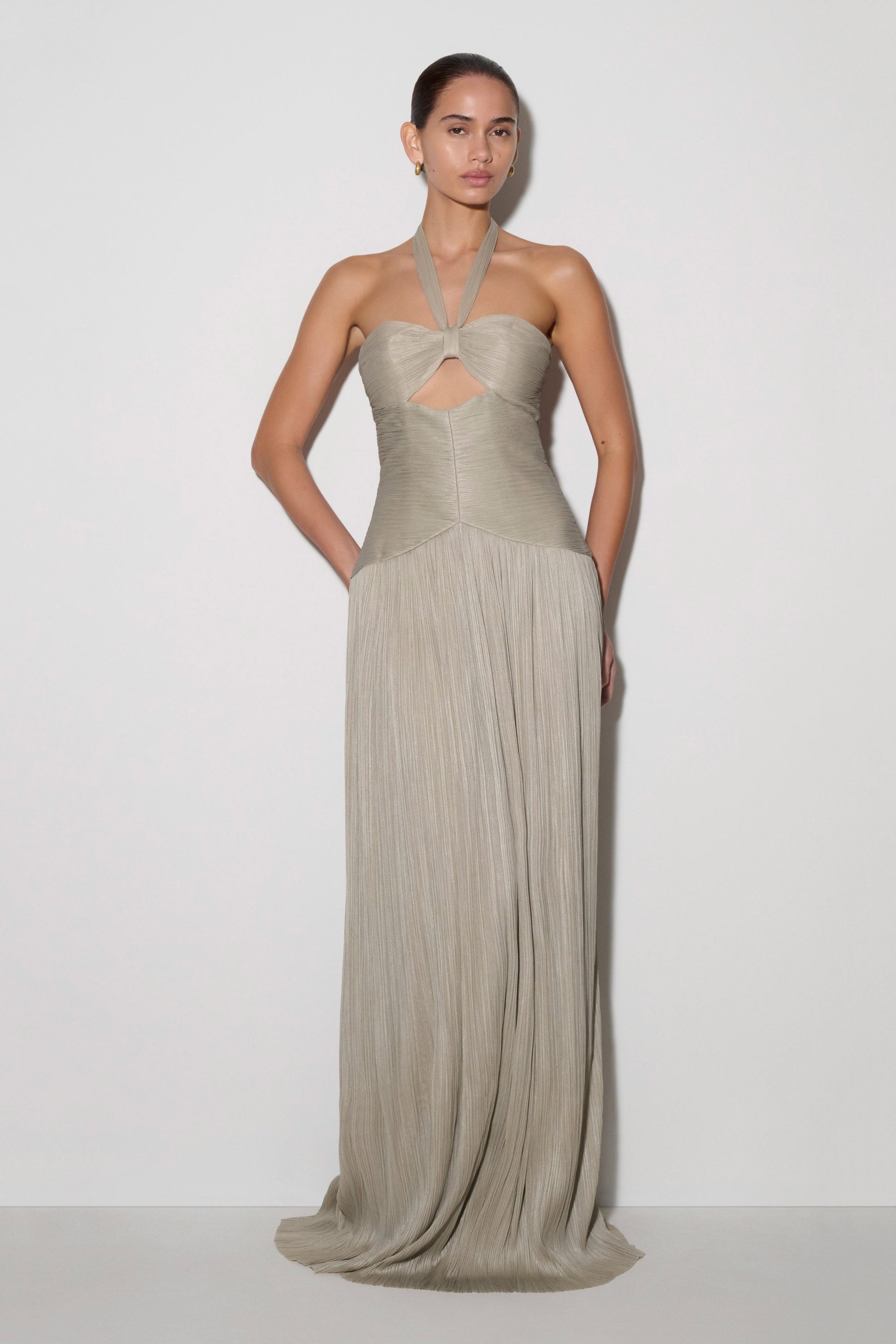 Juliette Pleated Chiffon Maxi Dress - Silver | MESHKI US Juliette Pleated Chiffon Maxi Dress - Silver | MESHKI US