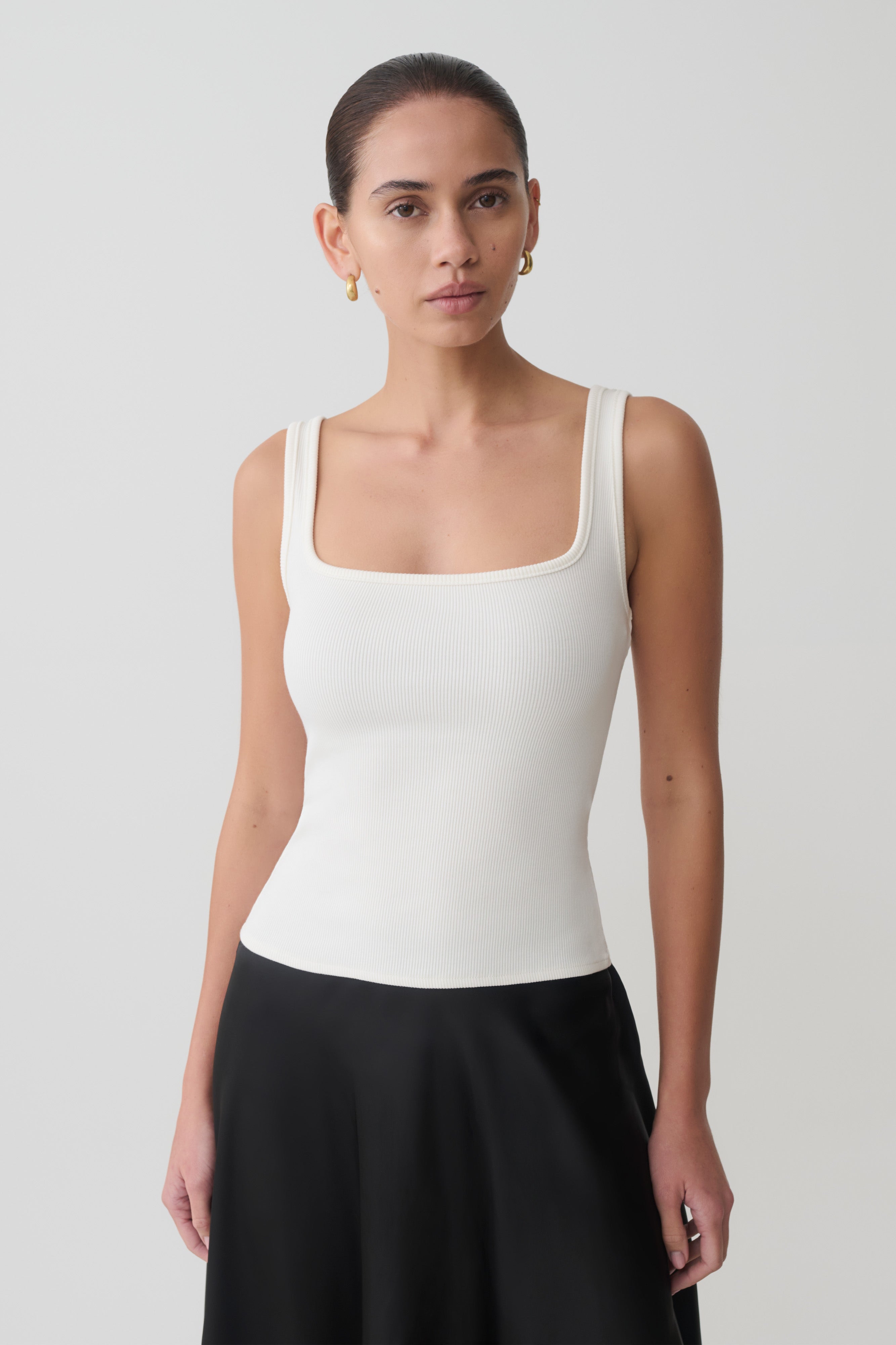 Aisling Ribbed Square Neck Sleeveless Top - Ivory | MESHKI US