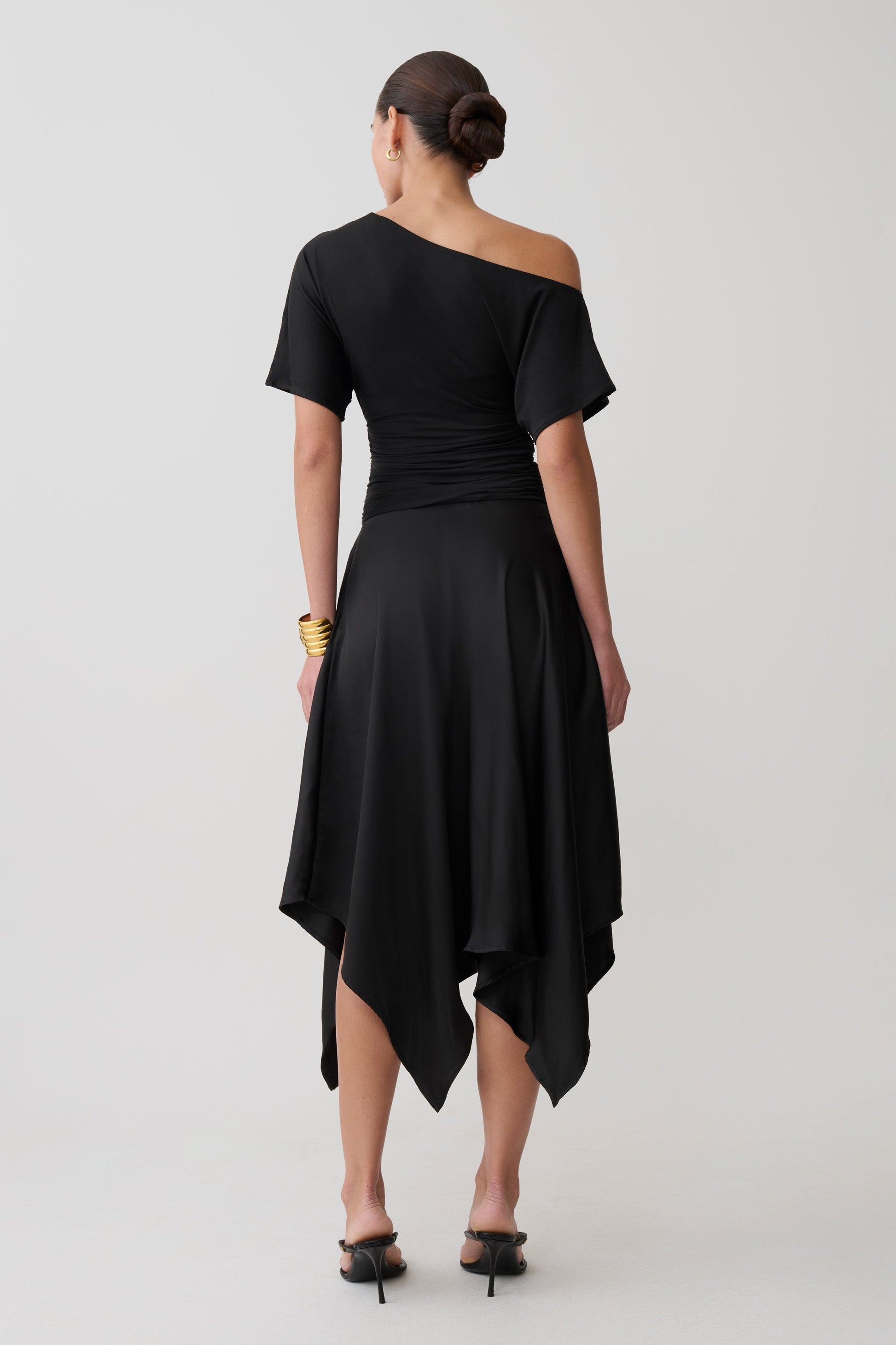 Coralie Asymmetric Satin Midi Skirt / Black | MESHKI