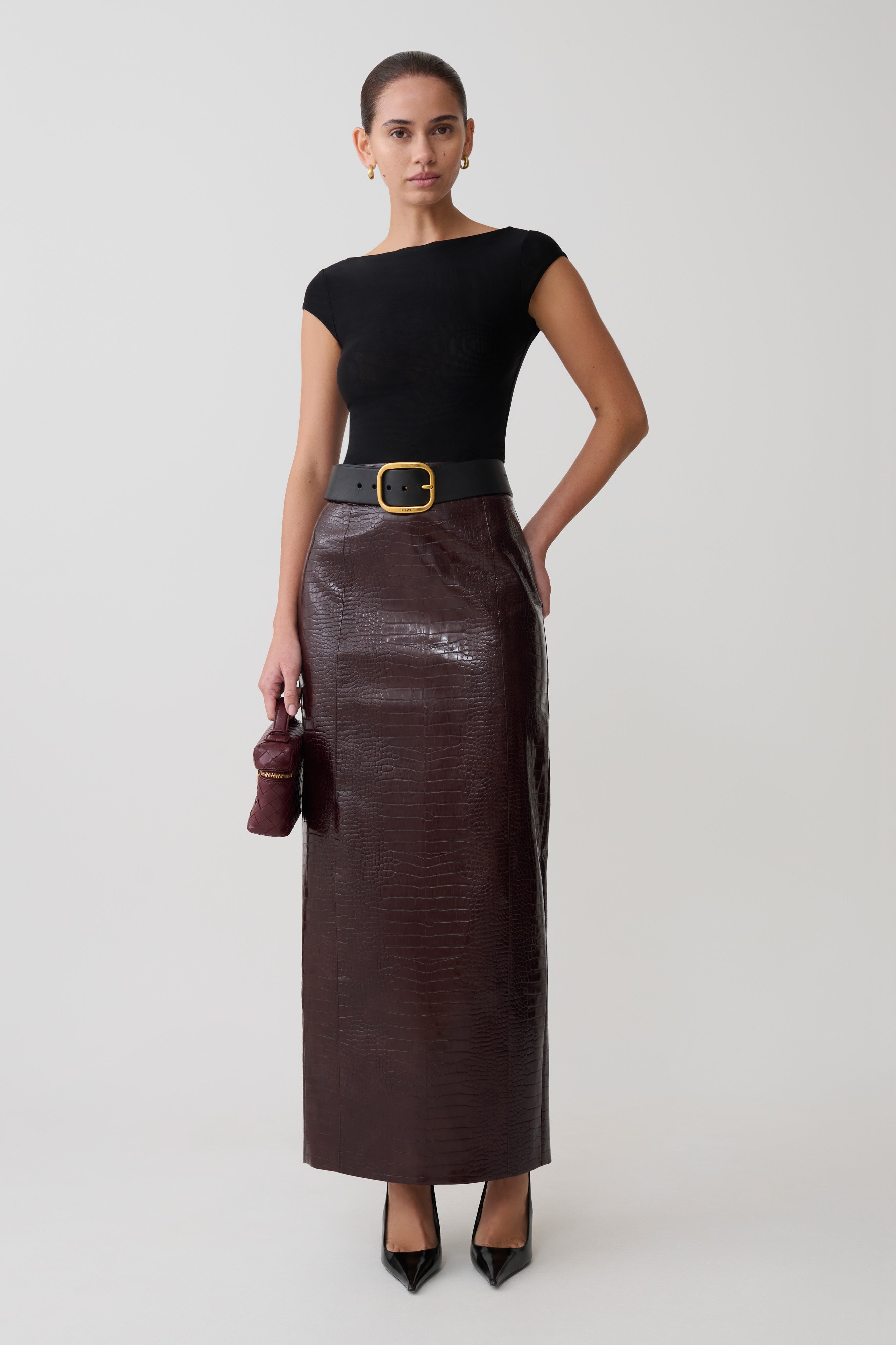 Thalia Croc Faux Leather Midi Skirt - Merlot | MESHKI US