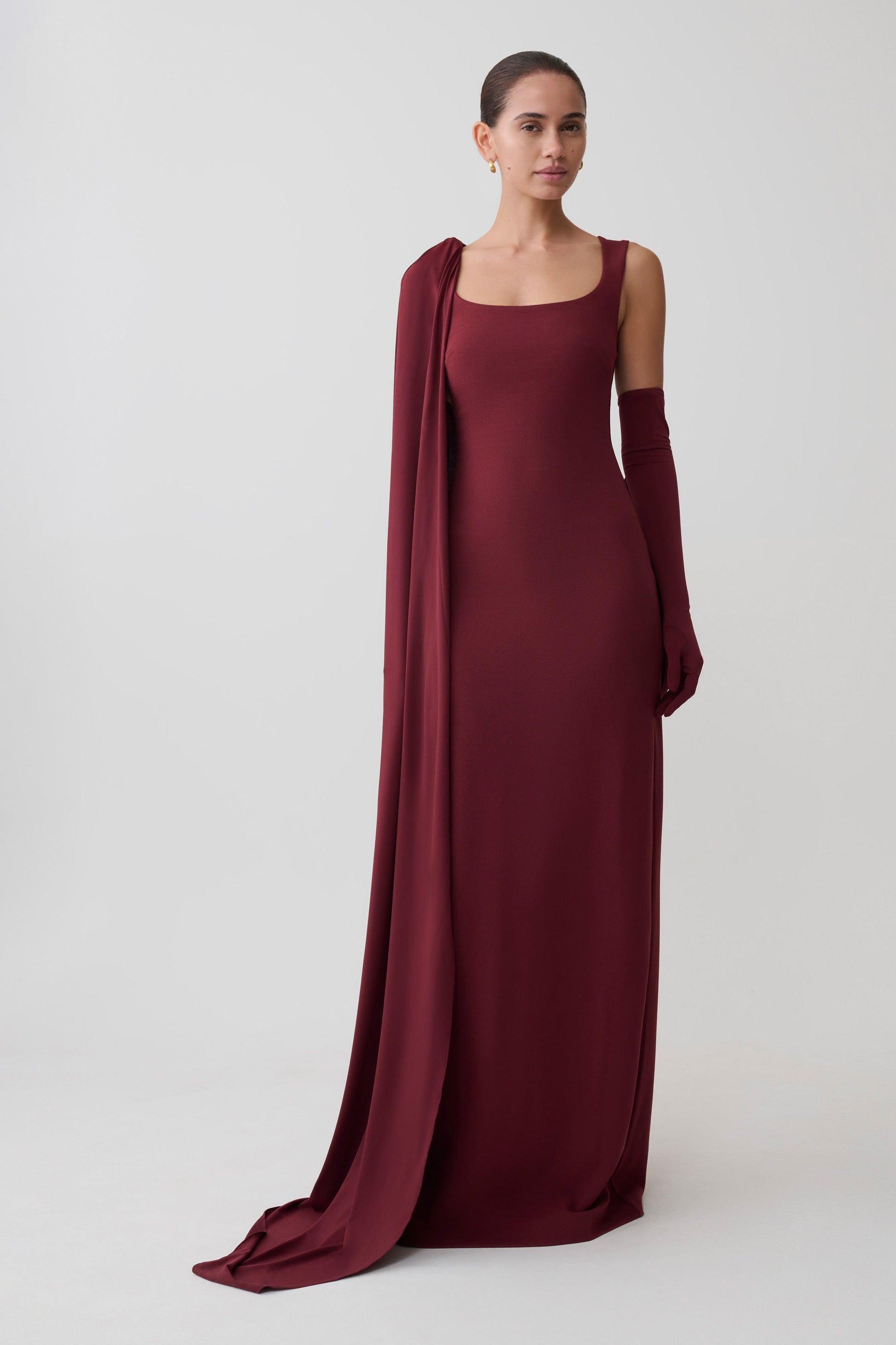 Rhea Detachable Cape Jersey Maxi Dress / Wine | MESHKI | XXL Rhea Detachable Cape Jersey Maxi Dress / Wine | MESHKI | XXL