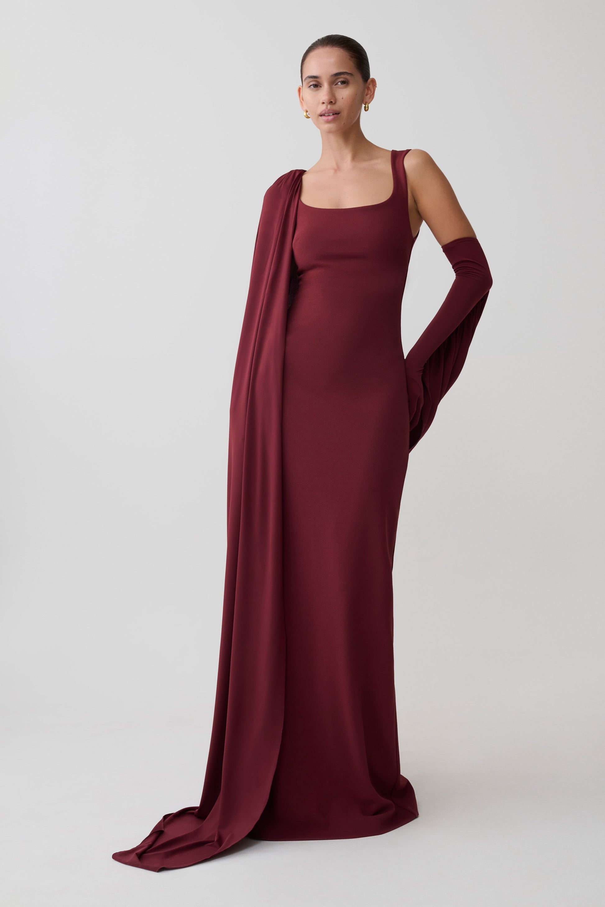 Rhea Detachable Cape Jersey Maxi Dress / Wine | MESHKI | XXL Rhea Detachable Cape Jersey Maxi Dress / Wine | MESHKI | XXL