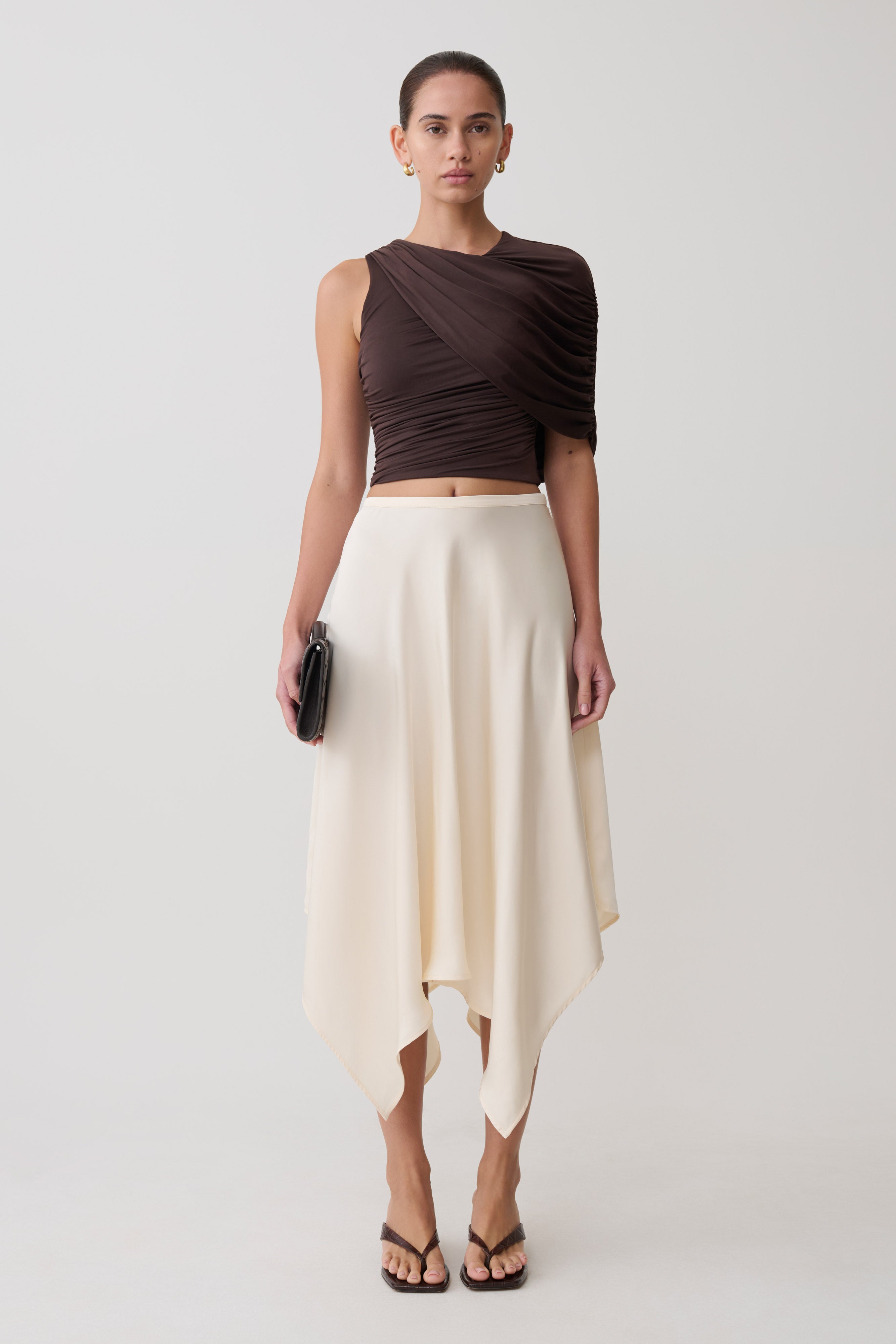Adrienne One Shoulder Slinky Top - Chocolate | MESHKI US