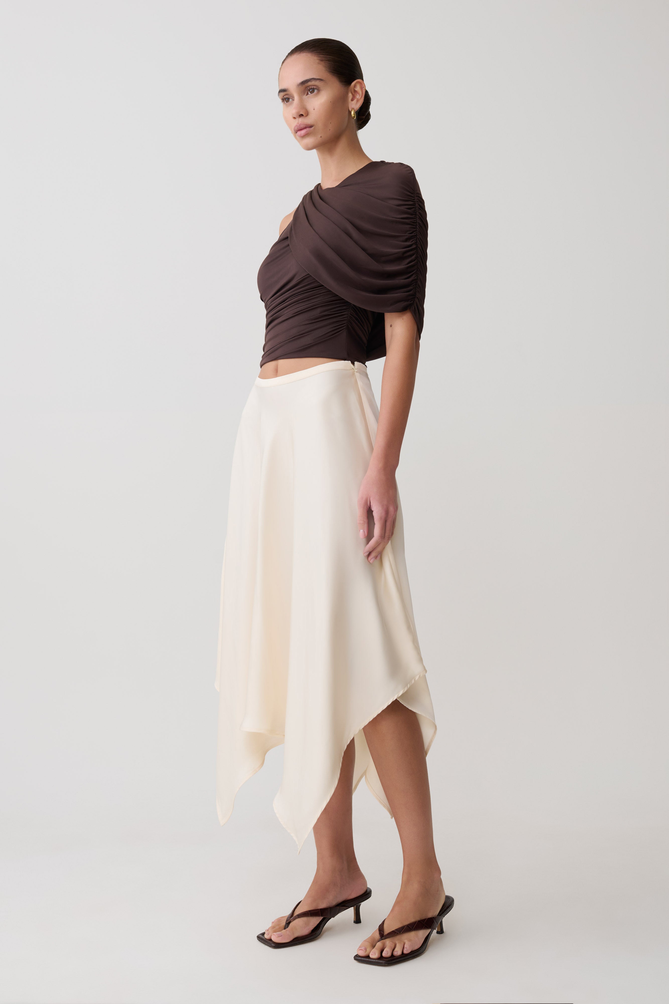 Adrienne One Shoulder Slinky Top - Chocolate | MESHKI US