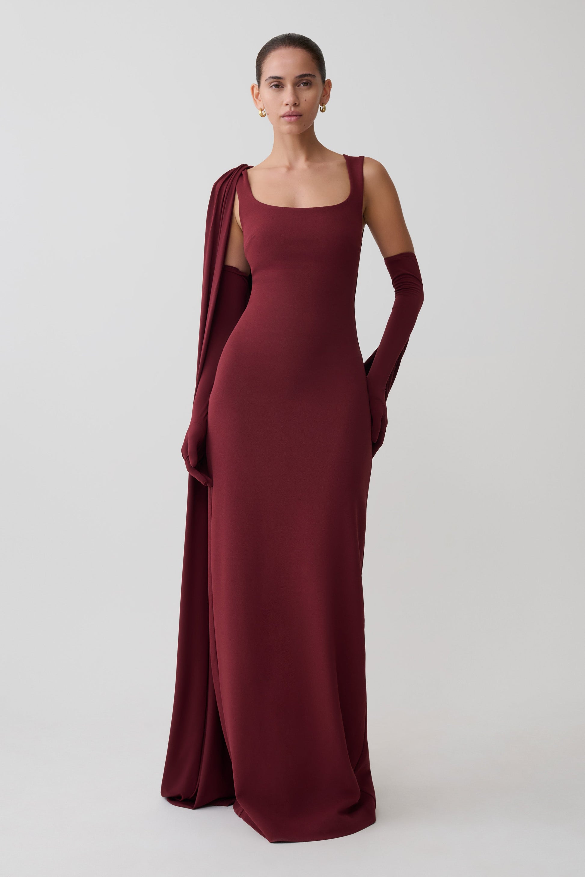 Rhea Detachable Cape Jersey Maxi Dress / Wine | MESHKI | XXL Rhea Detachable Cape Jersey Maxi Dress / Wine | MESHKI | XXL