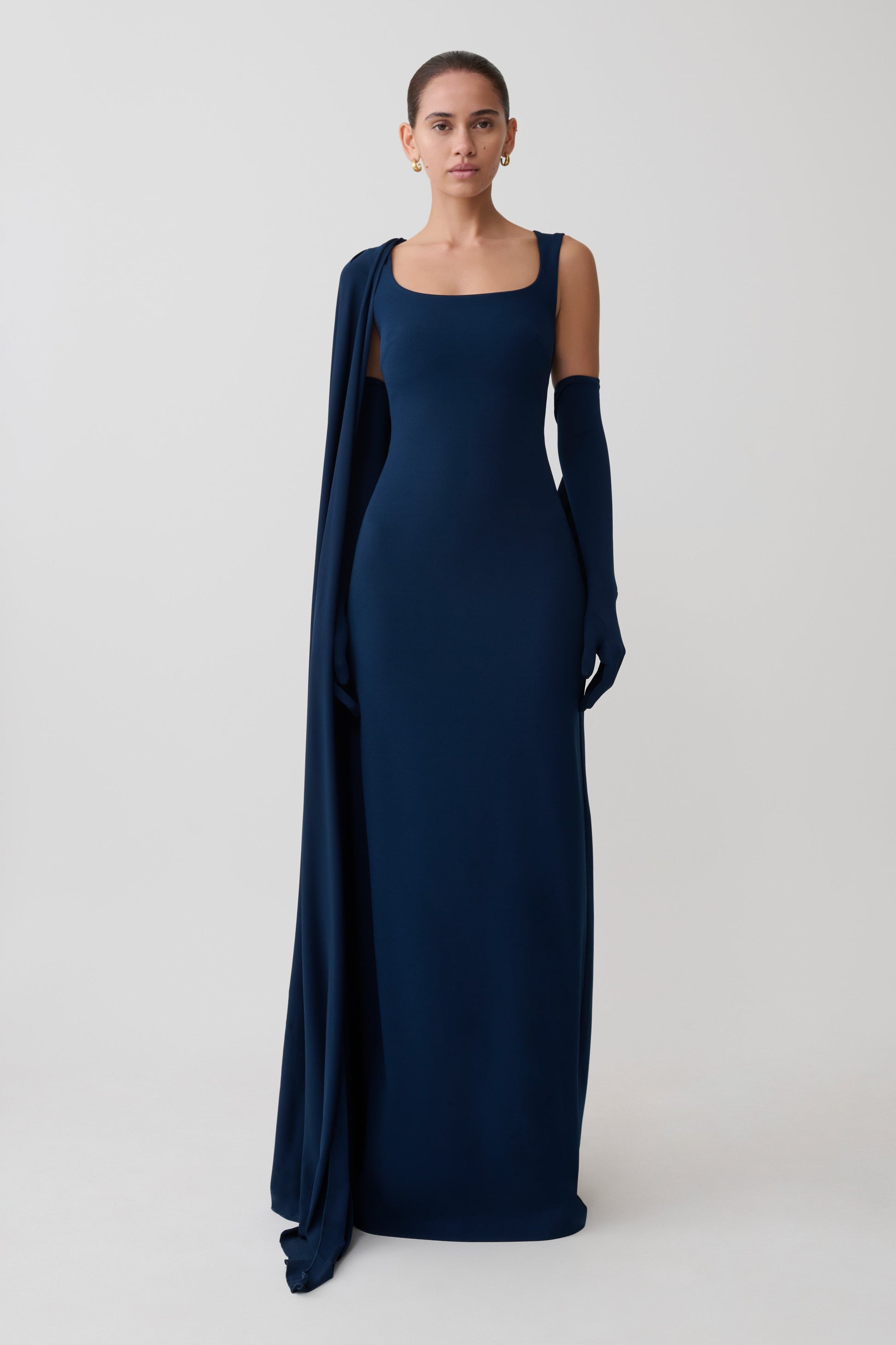 Rhea Detachable Cape Jersey Maxi Dress / Navy | MESHKI
