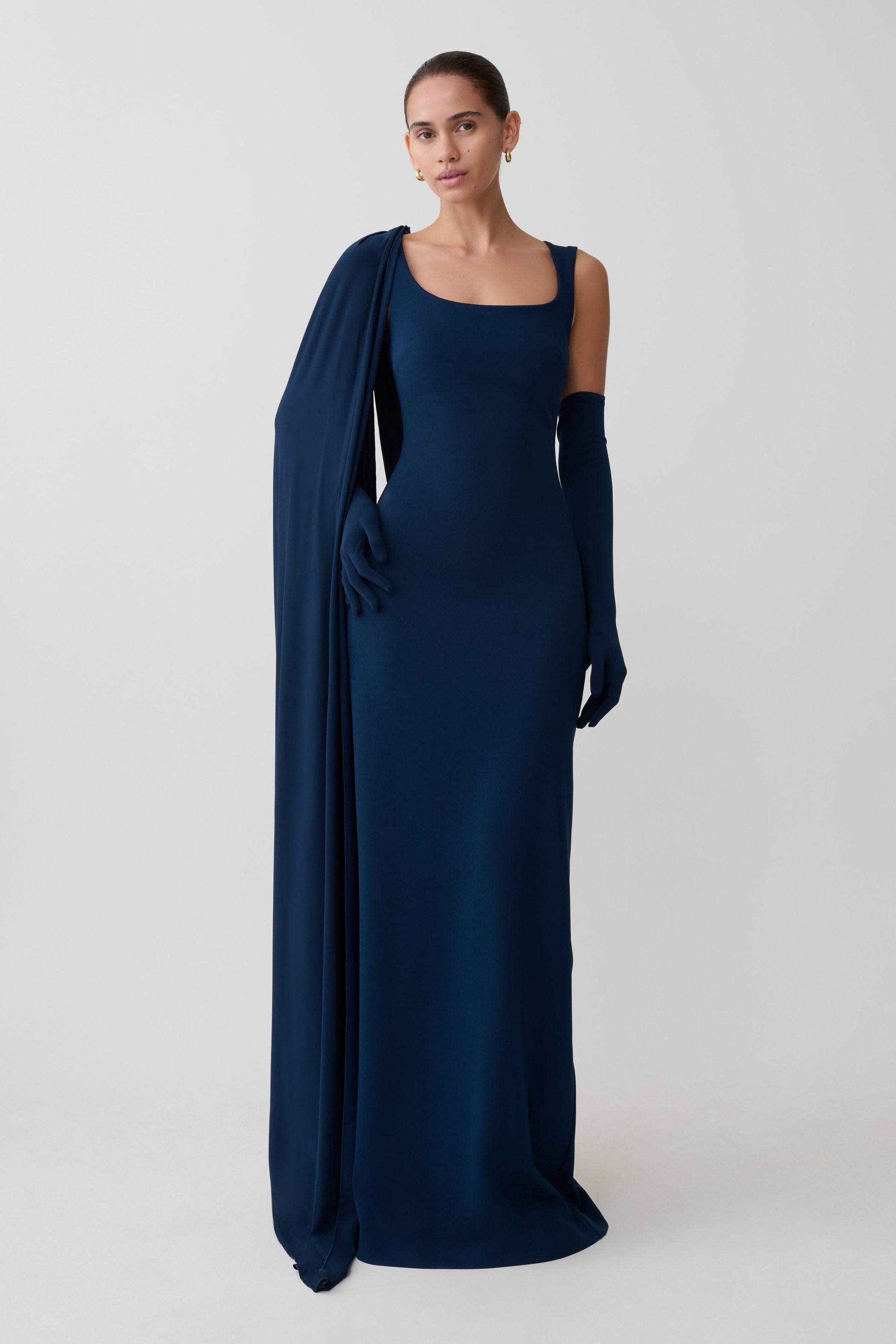 Rhea Detachable Cape Jersey Maxi Dress / Navy | MESHKI