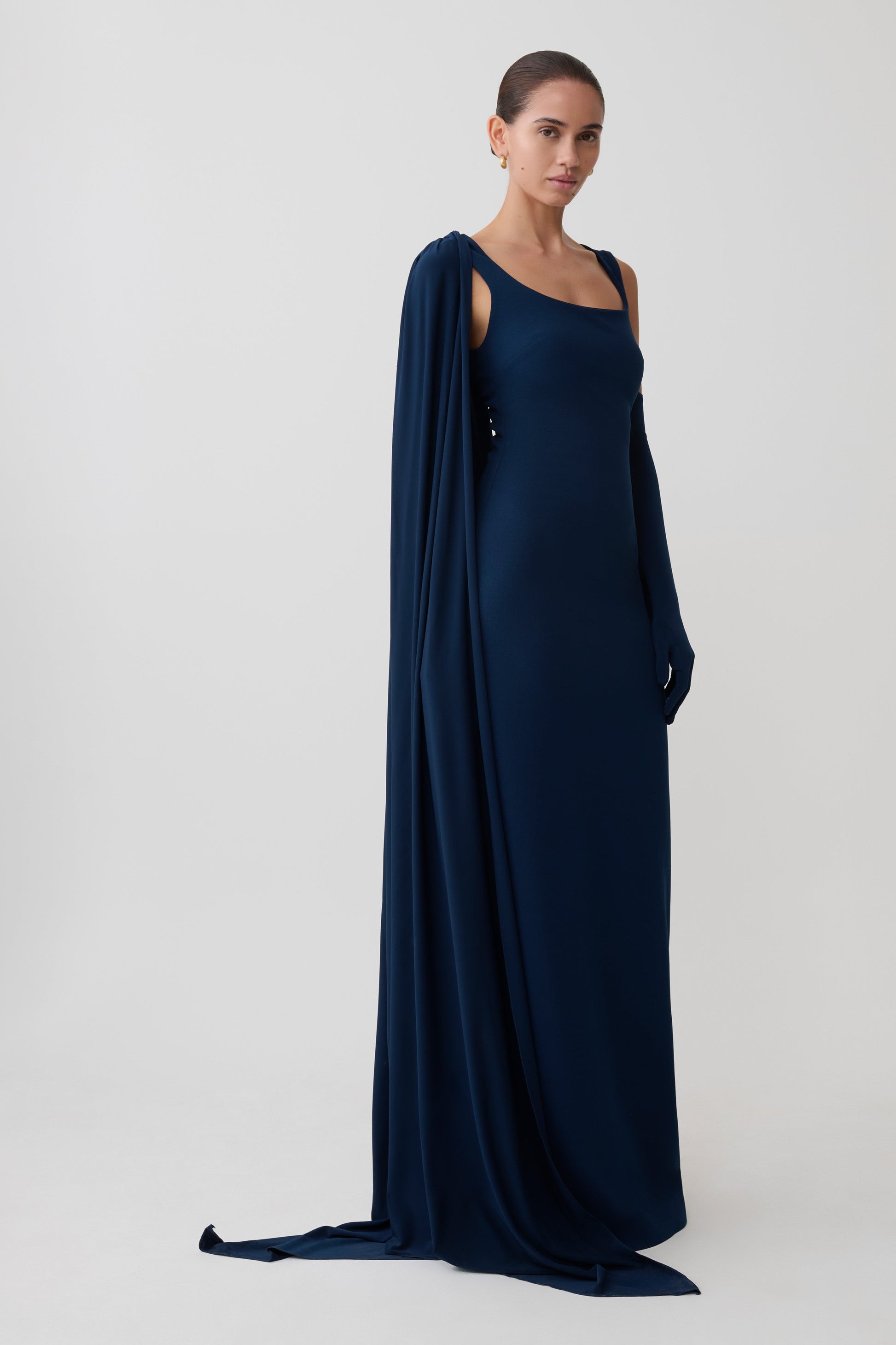 long jersey dress Rhea Detachable Cape Jersey Maxi Dress - Navy
