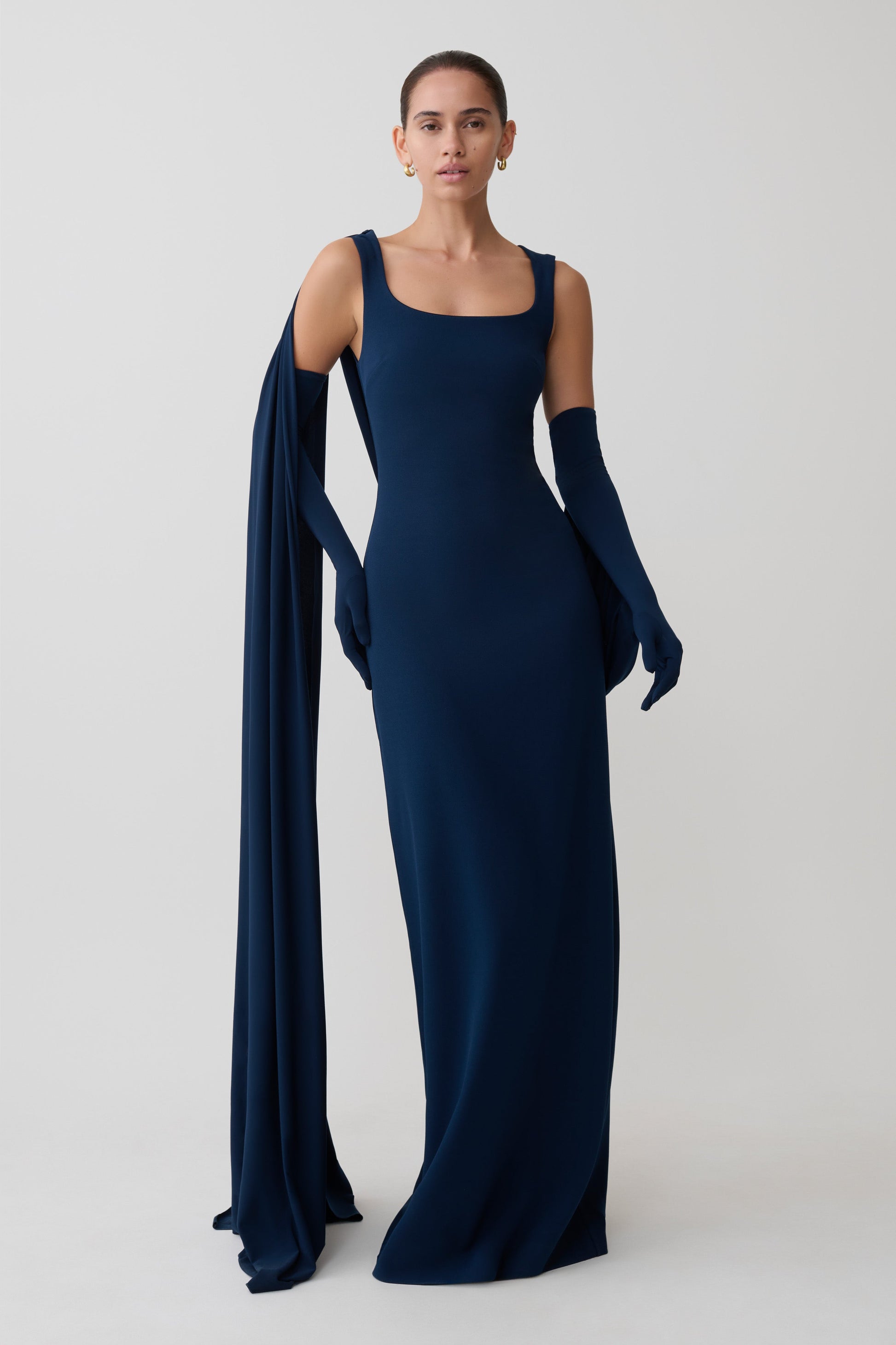 Rhea Detachable Cape Jersey Maxi Dress / Navy | MESHKI