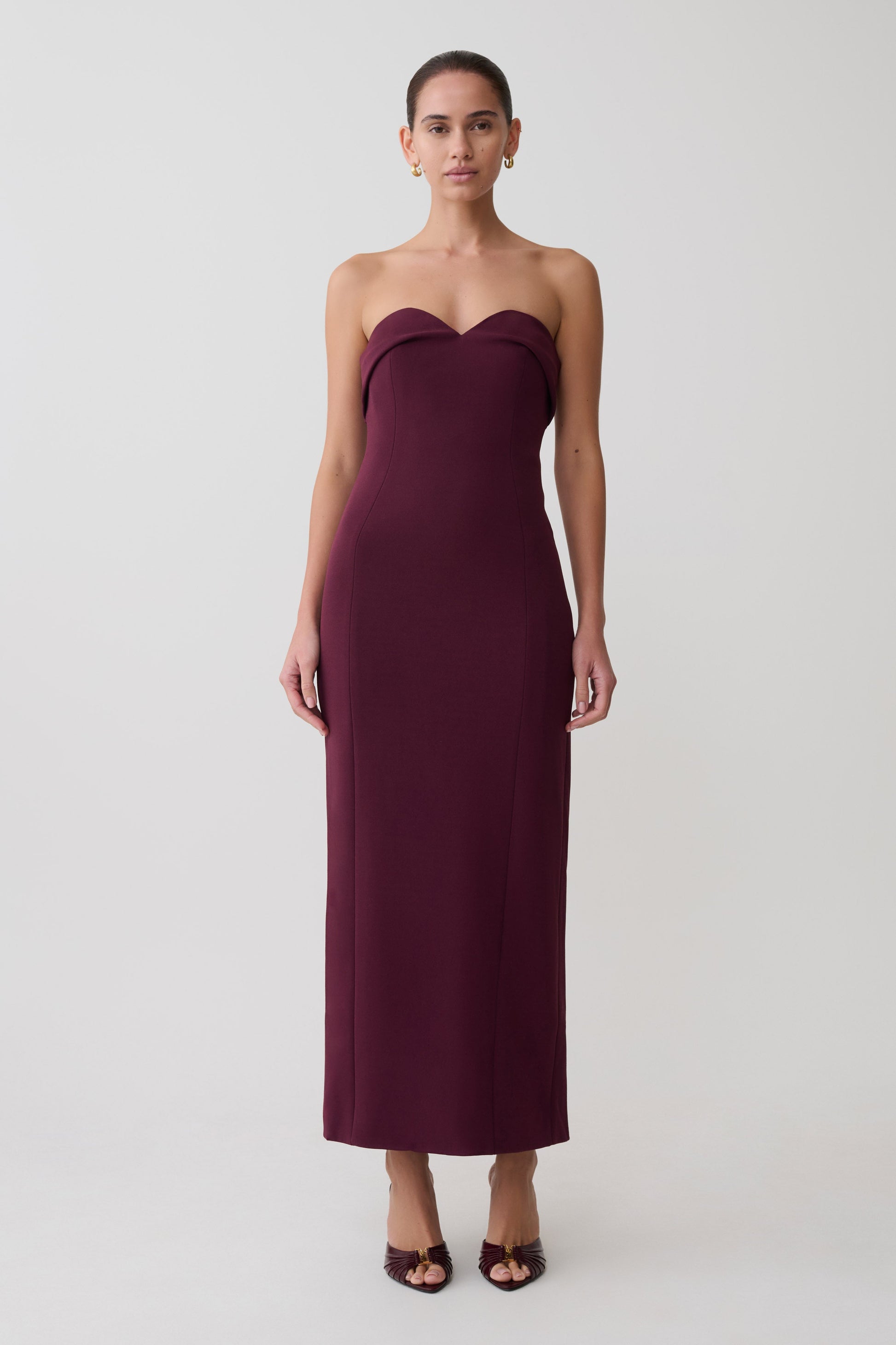 Cary Folded Strapless Crepe Midi Dress / Wine | MESHKI