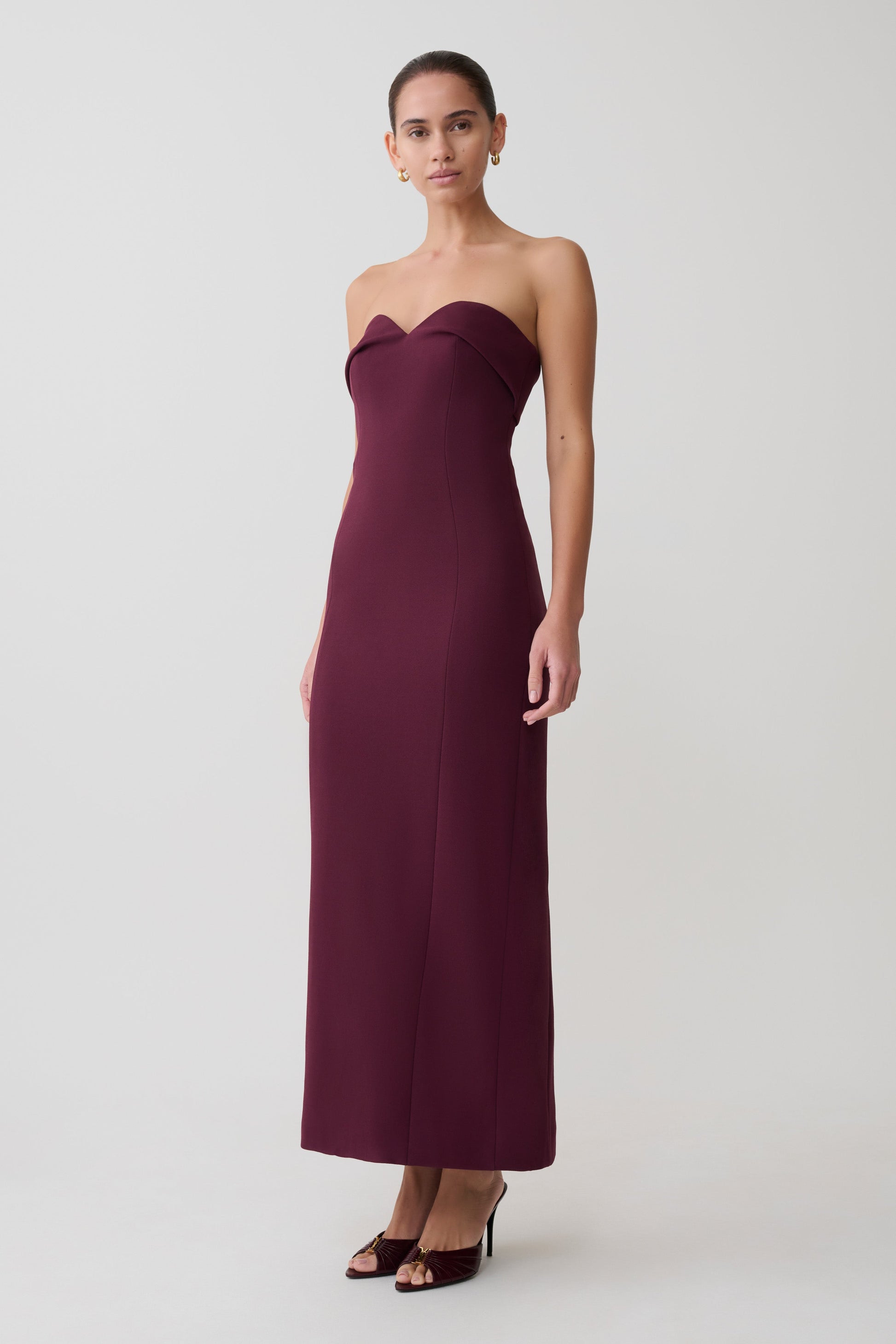 Cary Folded Strapless Crepe Midi Dress / Wine | MESHKI | L Cary Folded Strapless Crepe Midi Dress / Wine | MESHKI | L