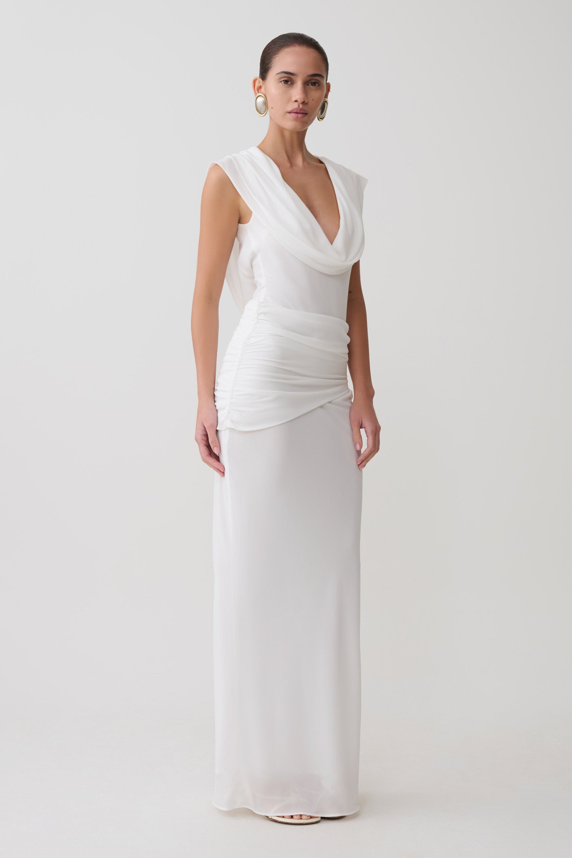 white draped dress Giulia Chiffon Draped Maxi Dress / White | MESHKI