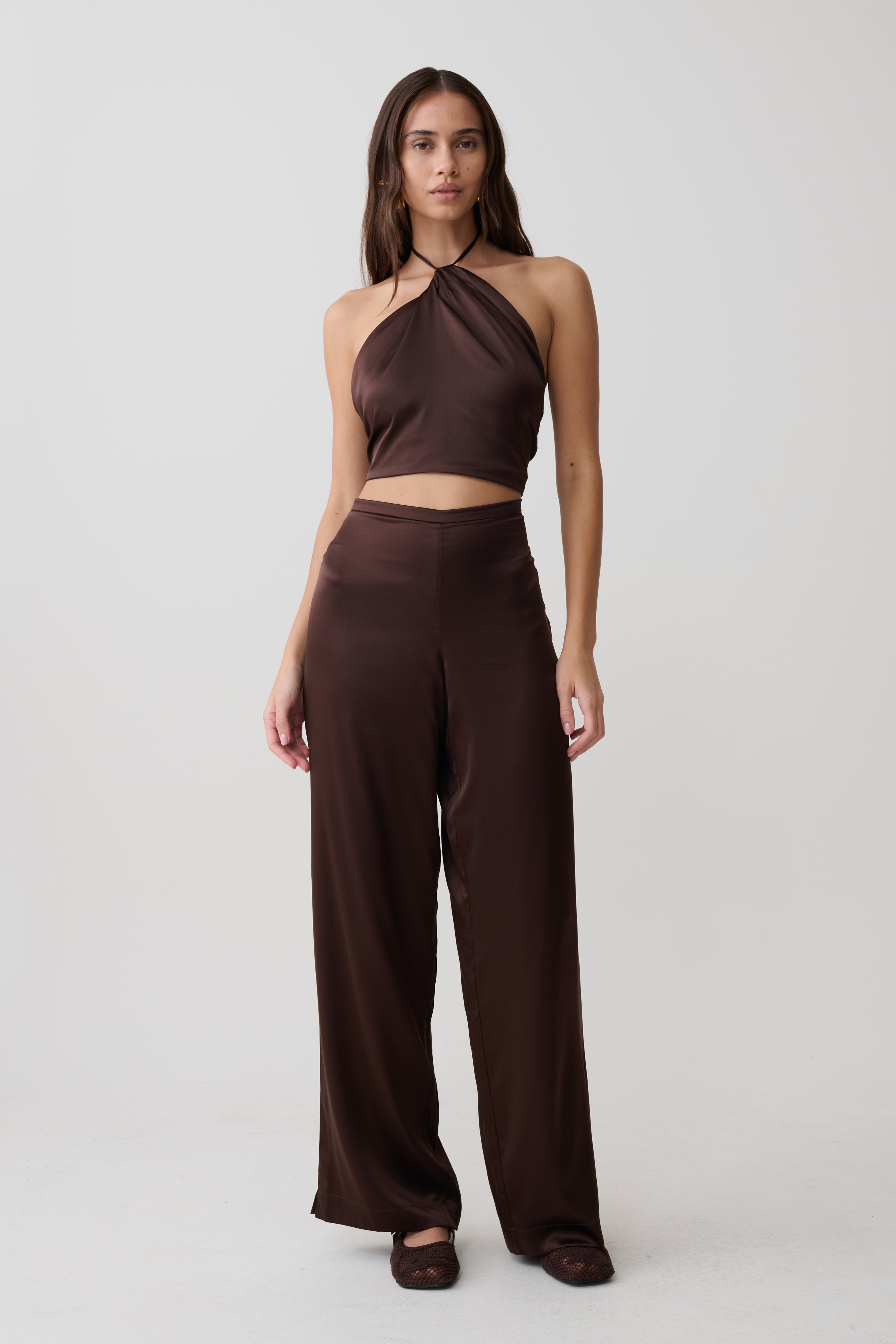 Kayla Silk Blend Straight Leg Pants - Dark Chocolate | MESHKI US