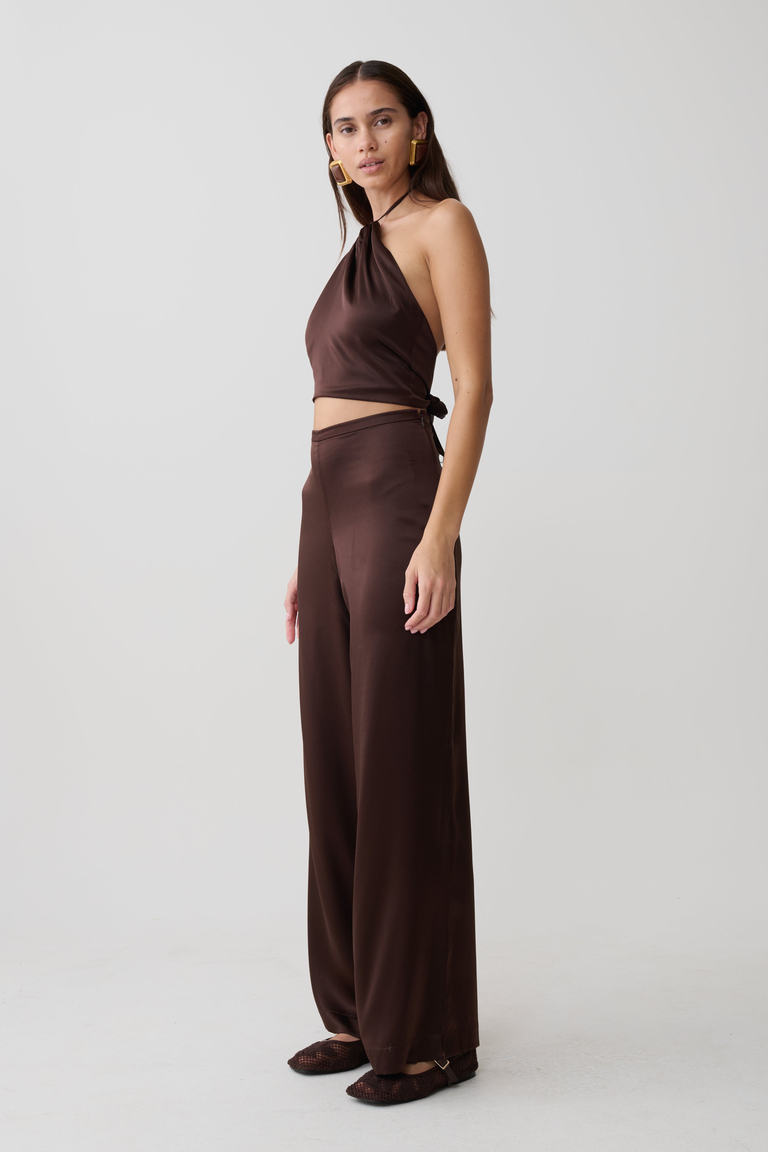 Kayla Silk Blend Straight Leg Pants - Dark Chocolate | MESHKI US