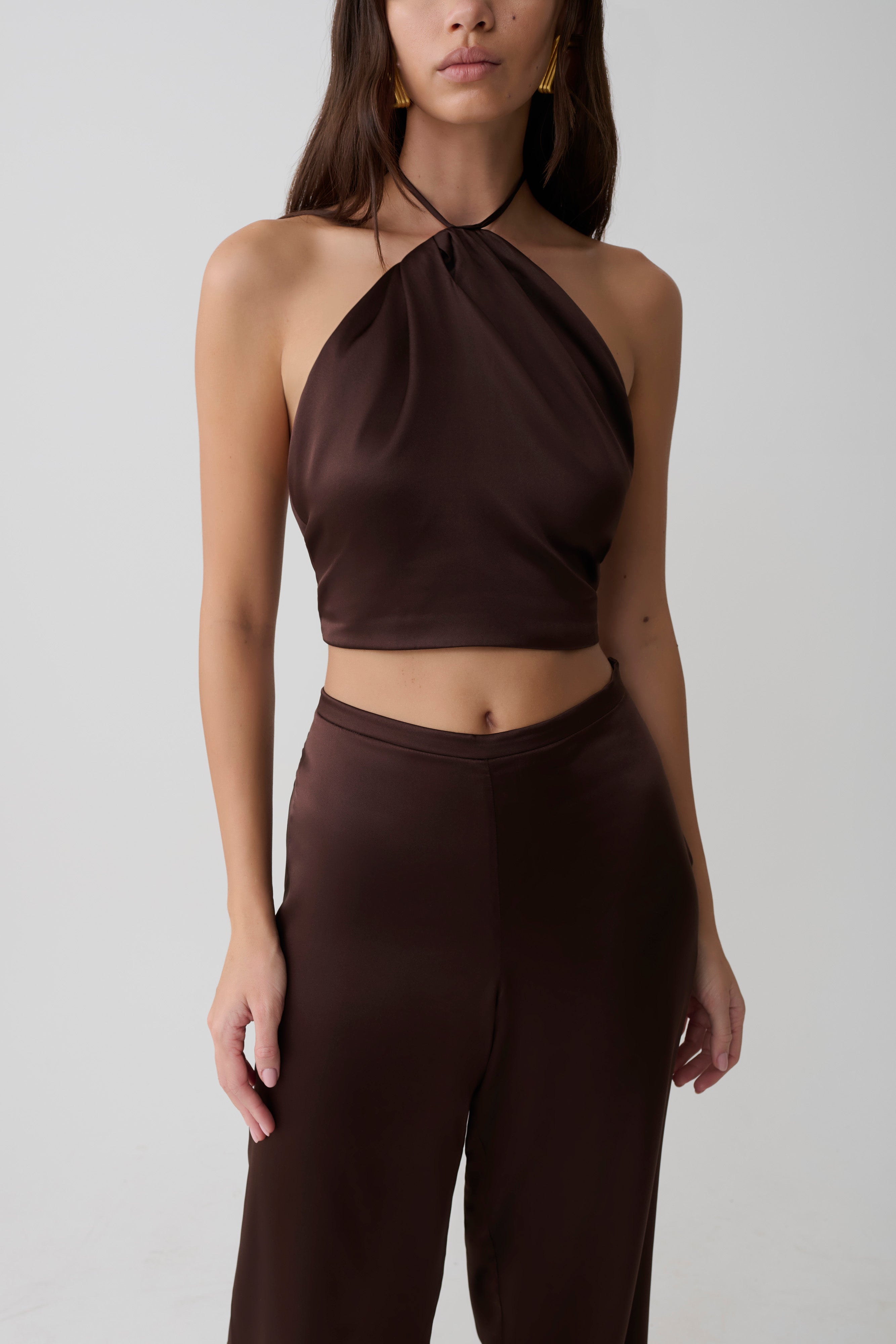 Mariana Halter Silk Blend Sleeveless Top - Dark Chocolate | MESHKI US
