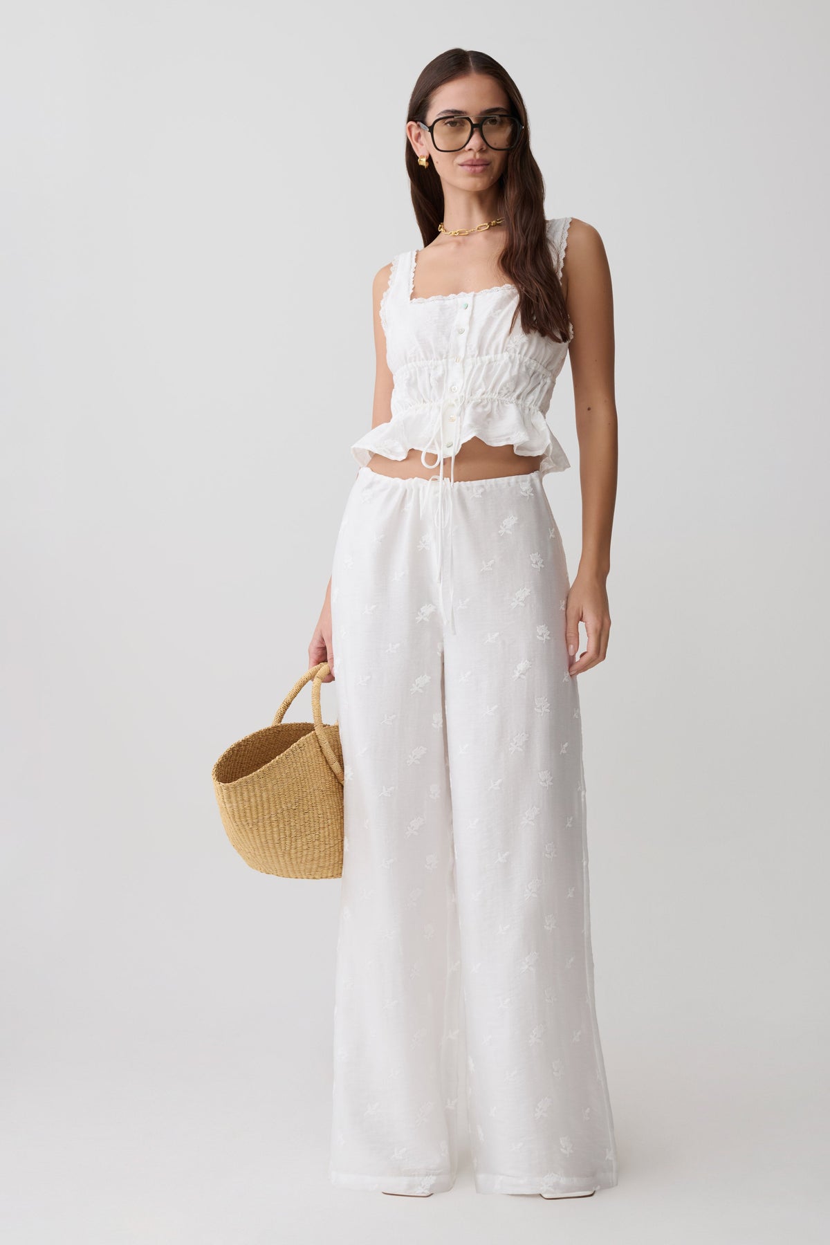 Vivian Tie Waist Embroidered Pant - White #5
