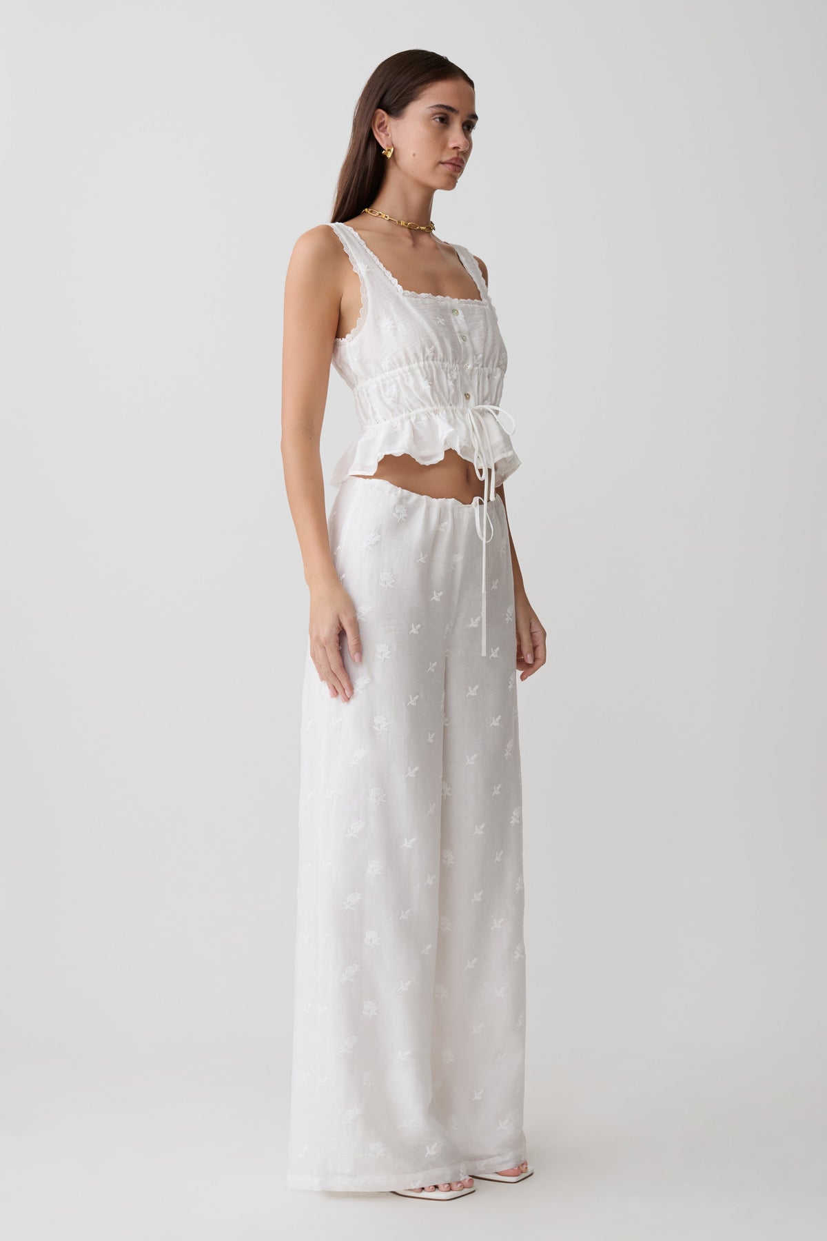 Vivian Tie Waist Embroidered Pant - White #4