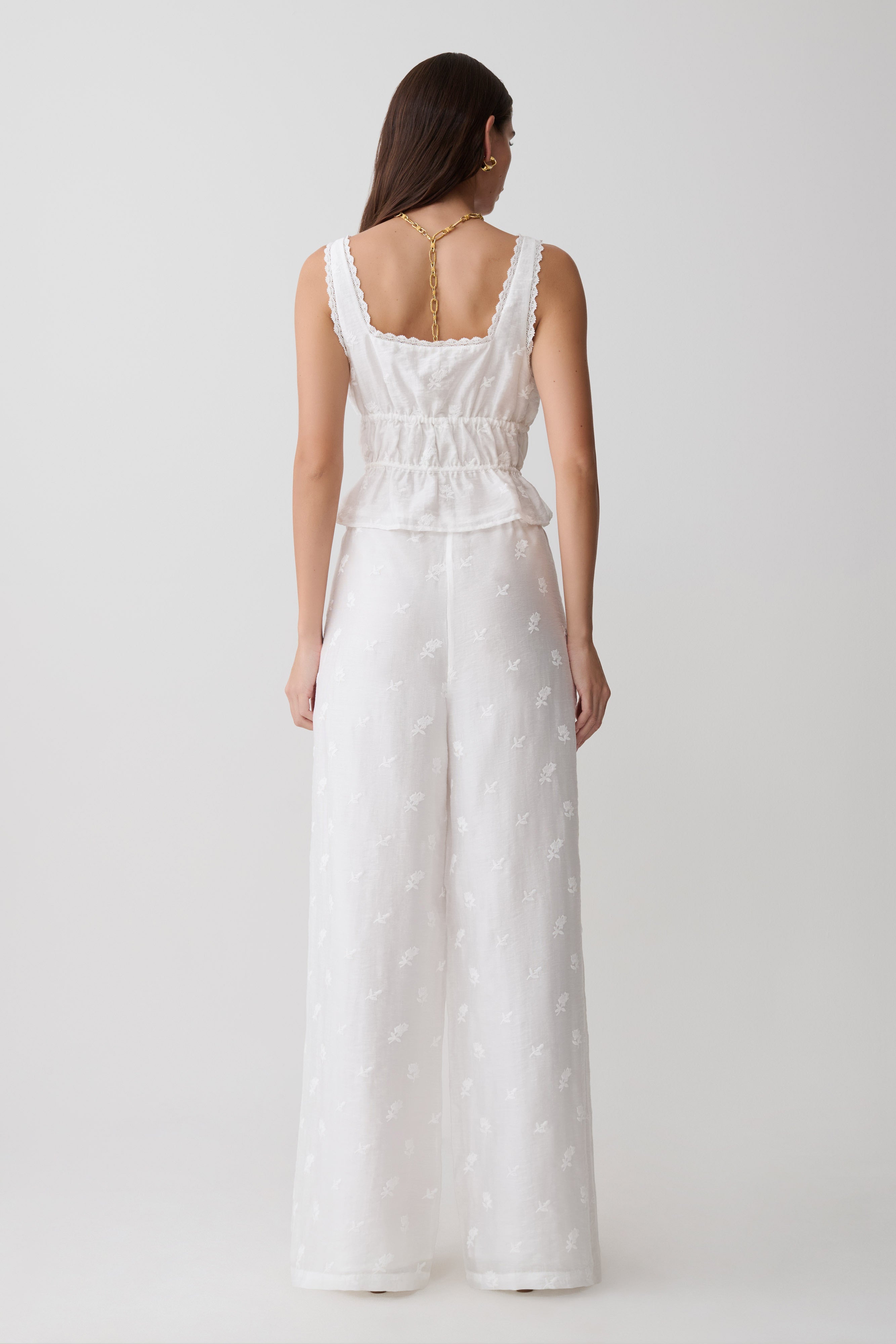 Vivian Tie Waist Embroidered Pant - White | MESHKI US