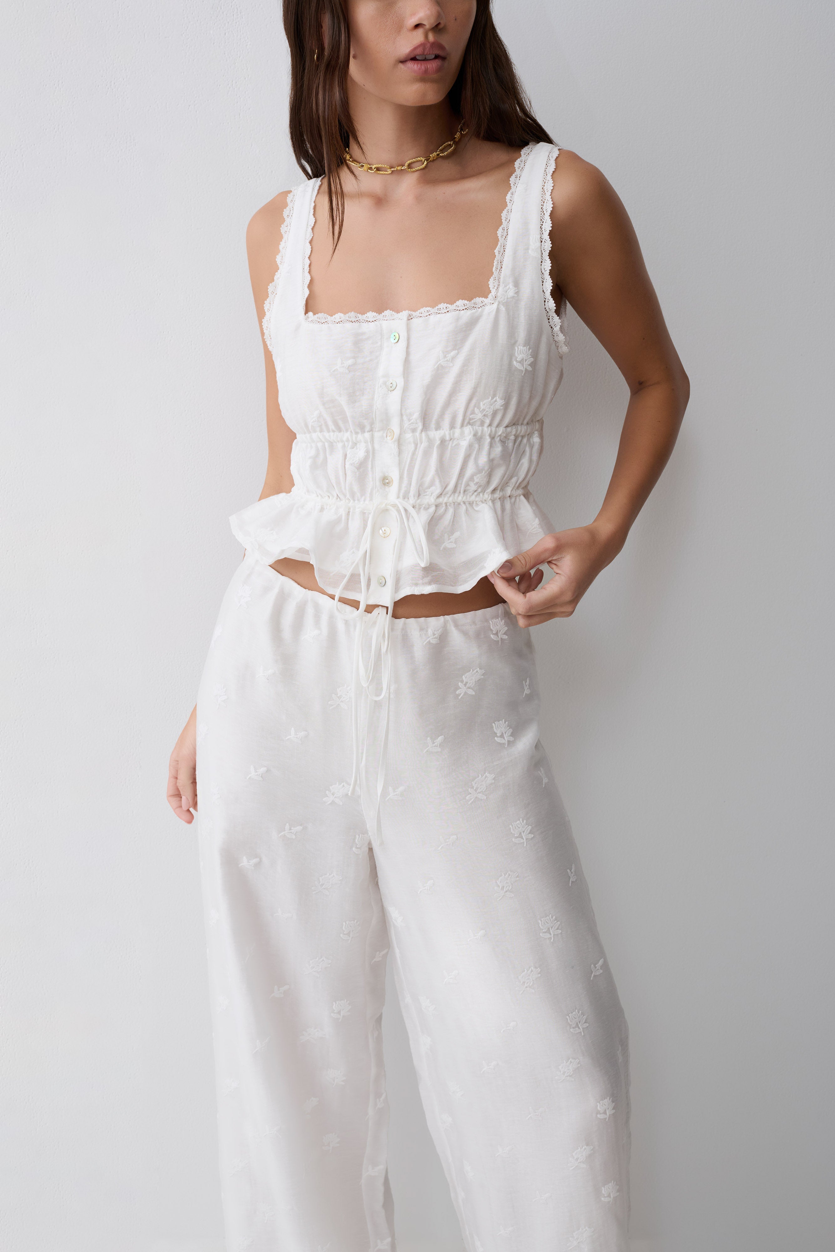 Vianna Broderie Ribbed Tank Top - Ivory | MESHKI US