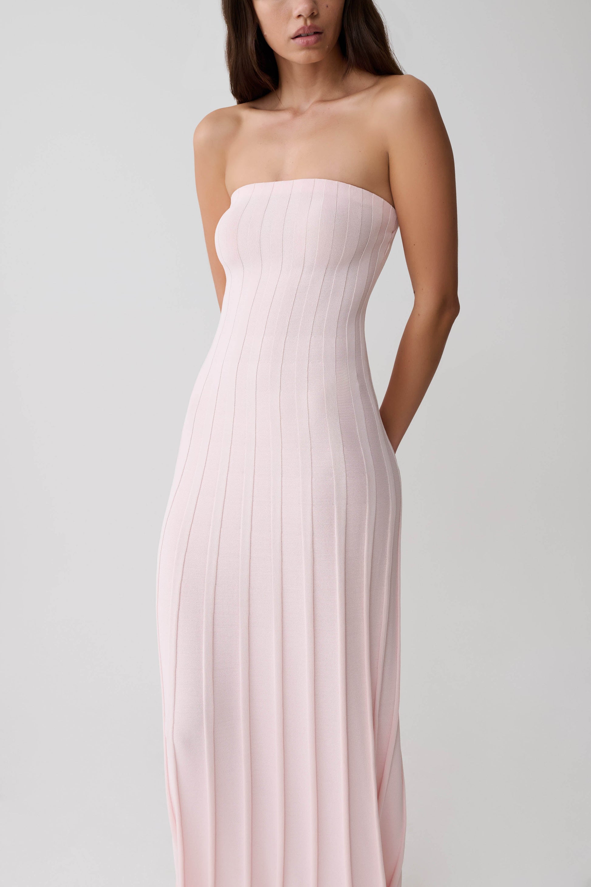 pink ribbed dress Pia Ribbed Strapless Maxi Dress / Baby Pink | MESHKI
