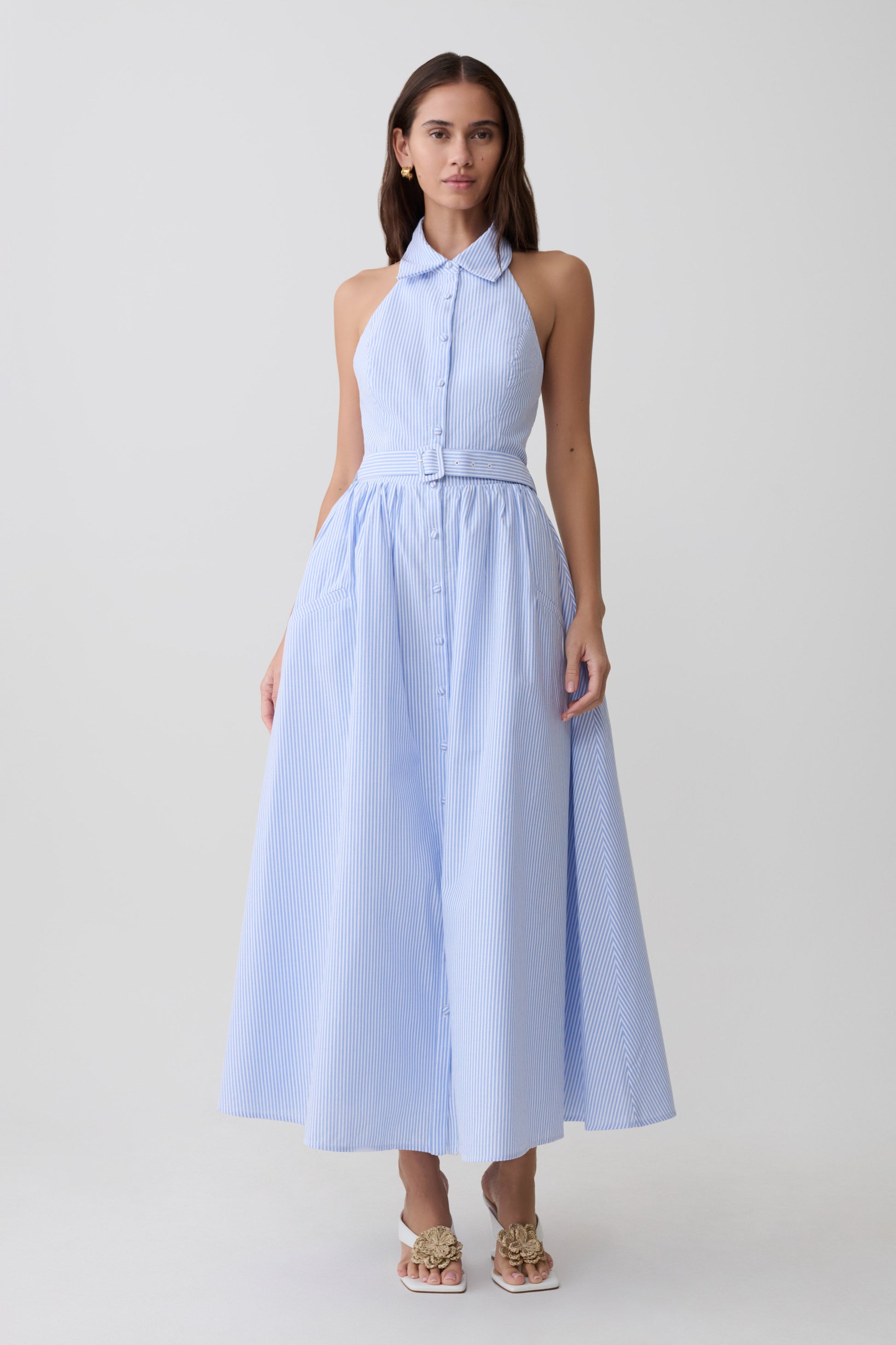 Cindy Collared Midi Dress / Blue Pinstripe | MESHKI Cindy Collared Midi Dress / Blue Pinstripe | MESHKI