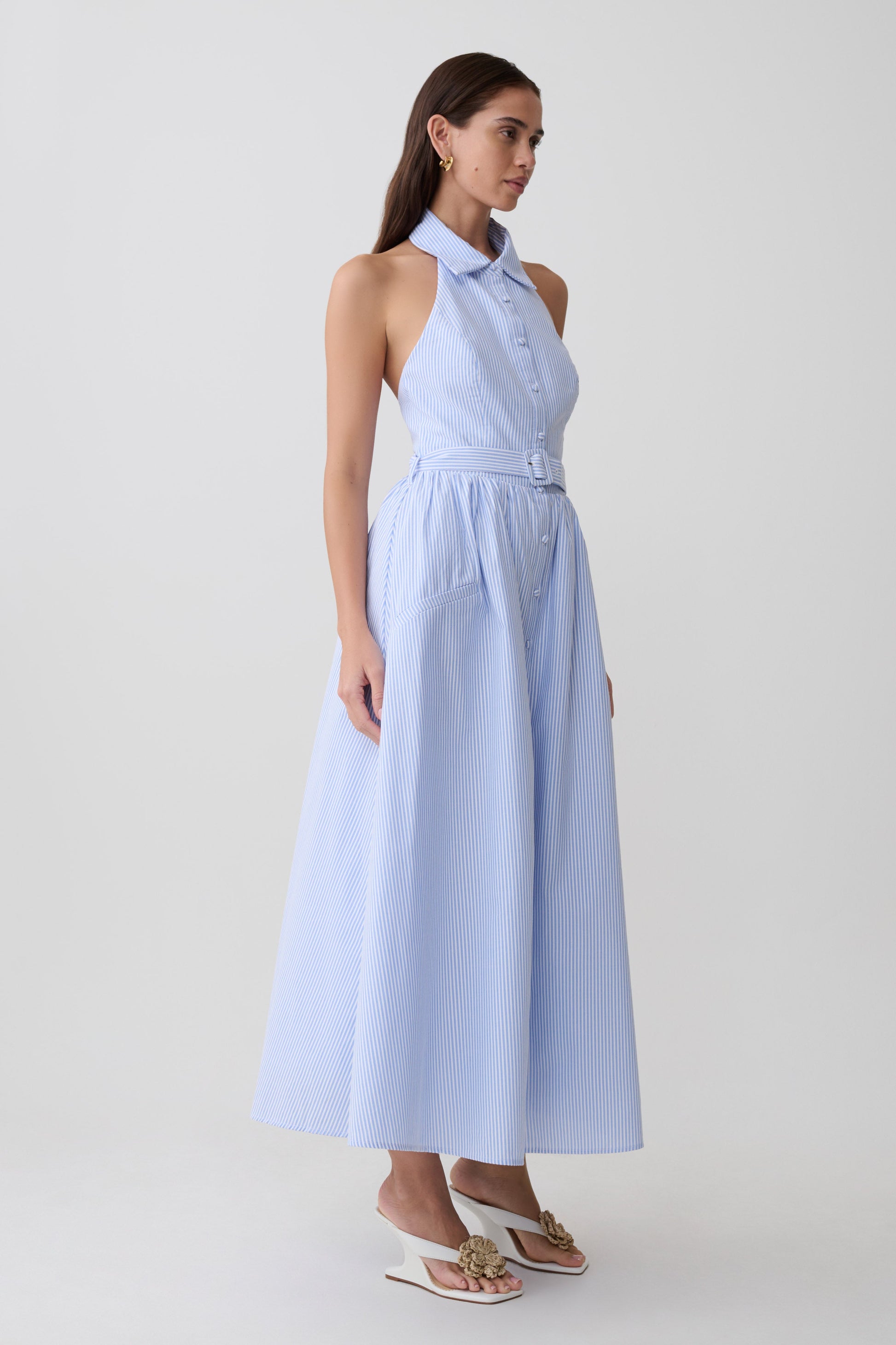 Cindy Collared Midi Dress - Blue Pinstripe | MESHKI US Cindy Collared Midi Dress - Blue Pinstripe | MESHKI US