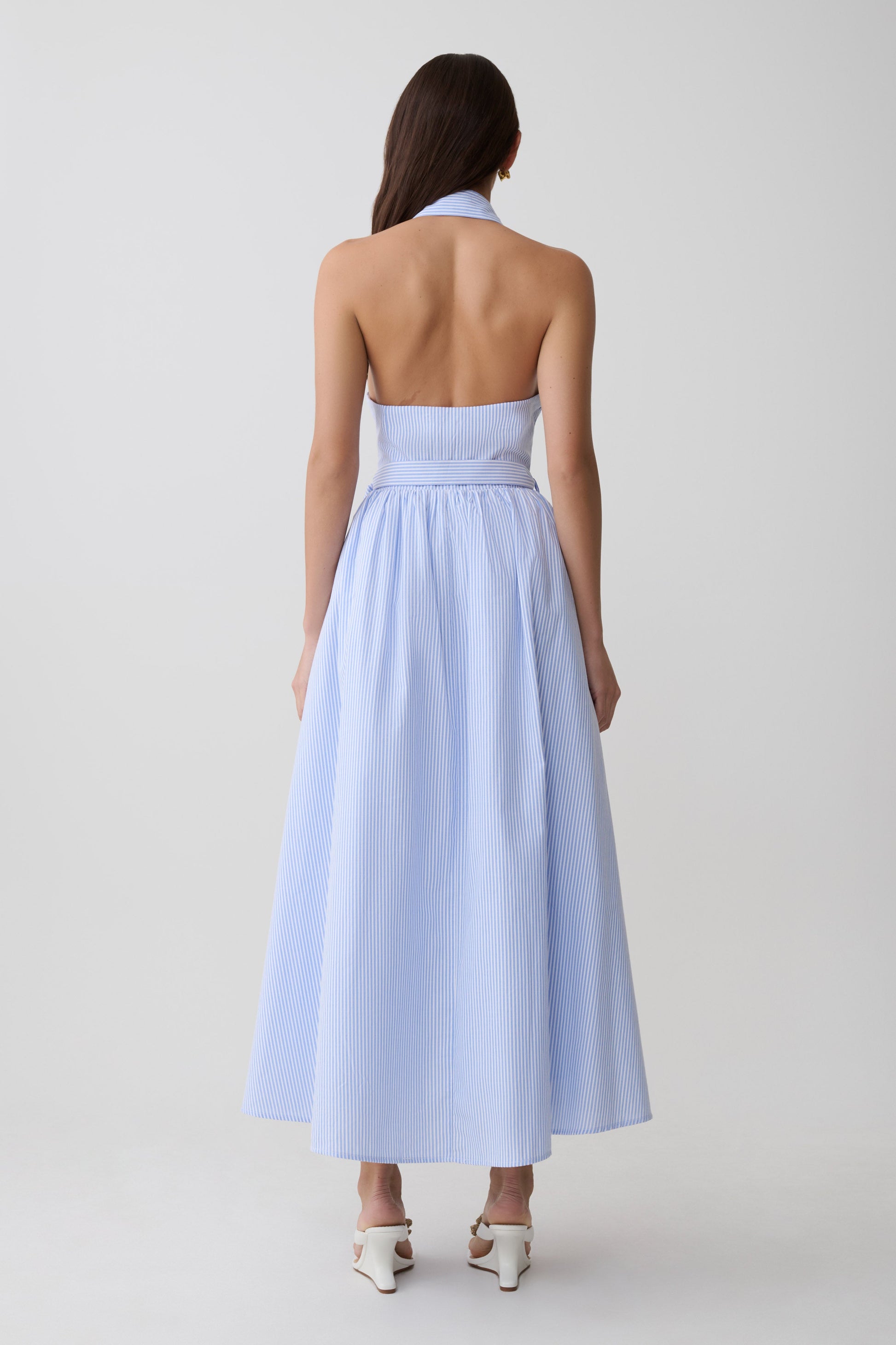high neck blue midi dress Cindy Collared Midi Dress / Blue Pinstripe | MESHKI