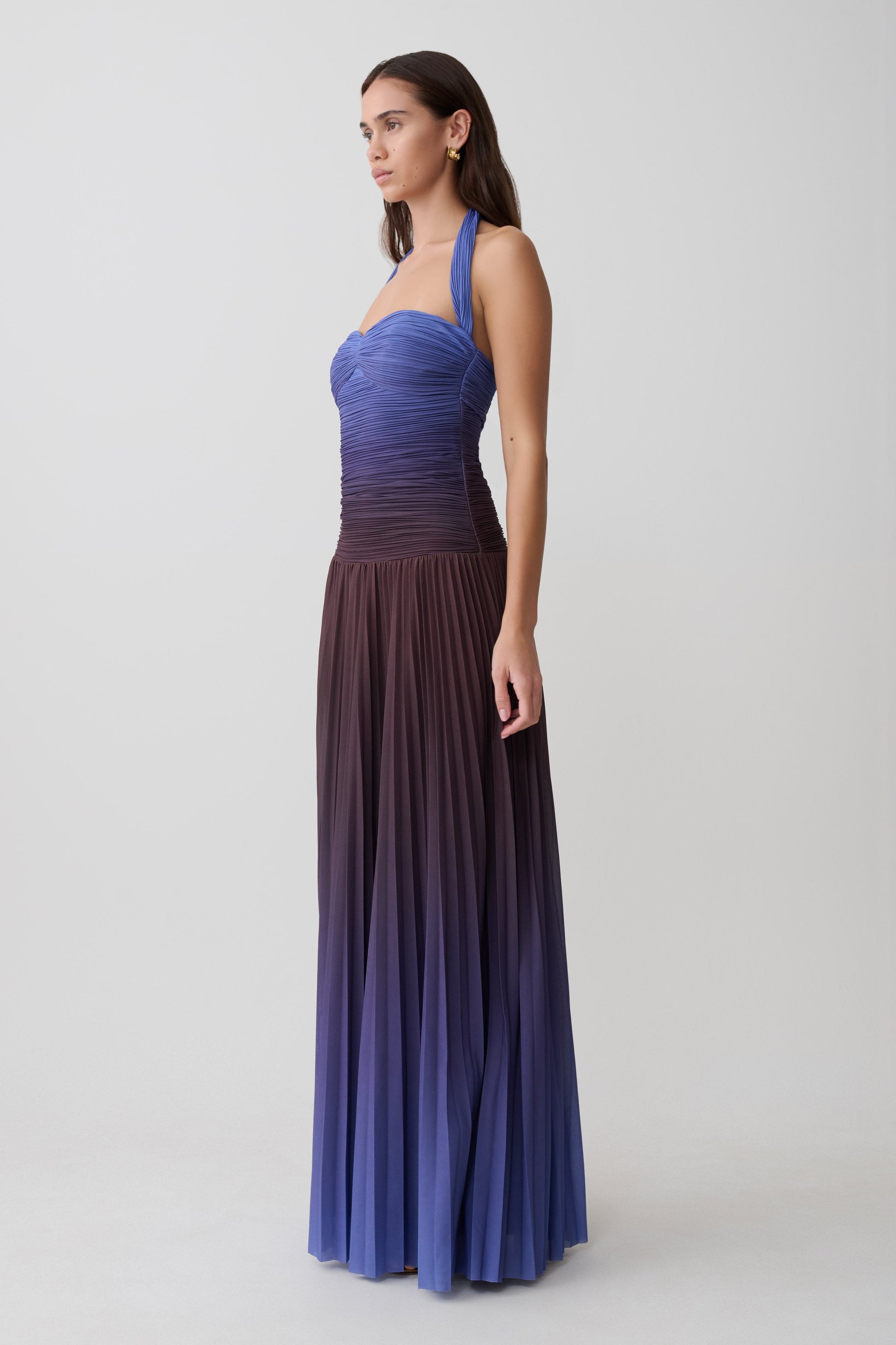 Azizi Pleated Halter Midi Dress - Chocolate & Blue Ombre Print #3
