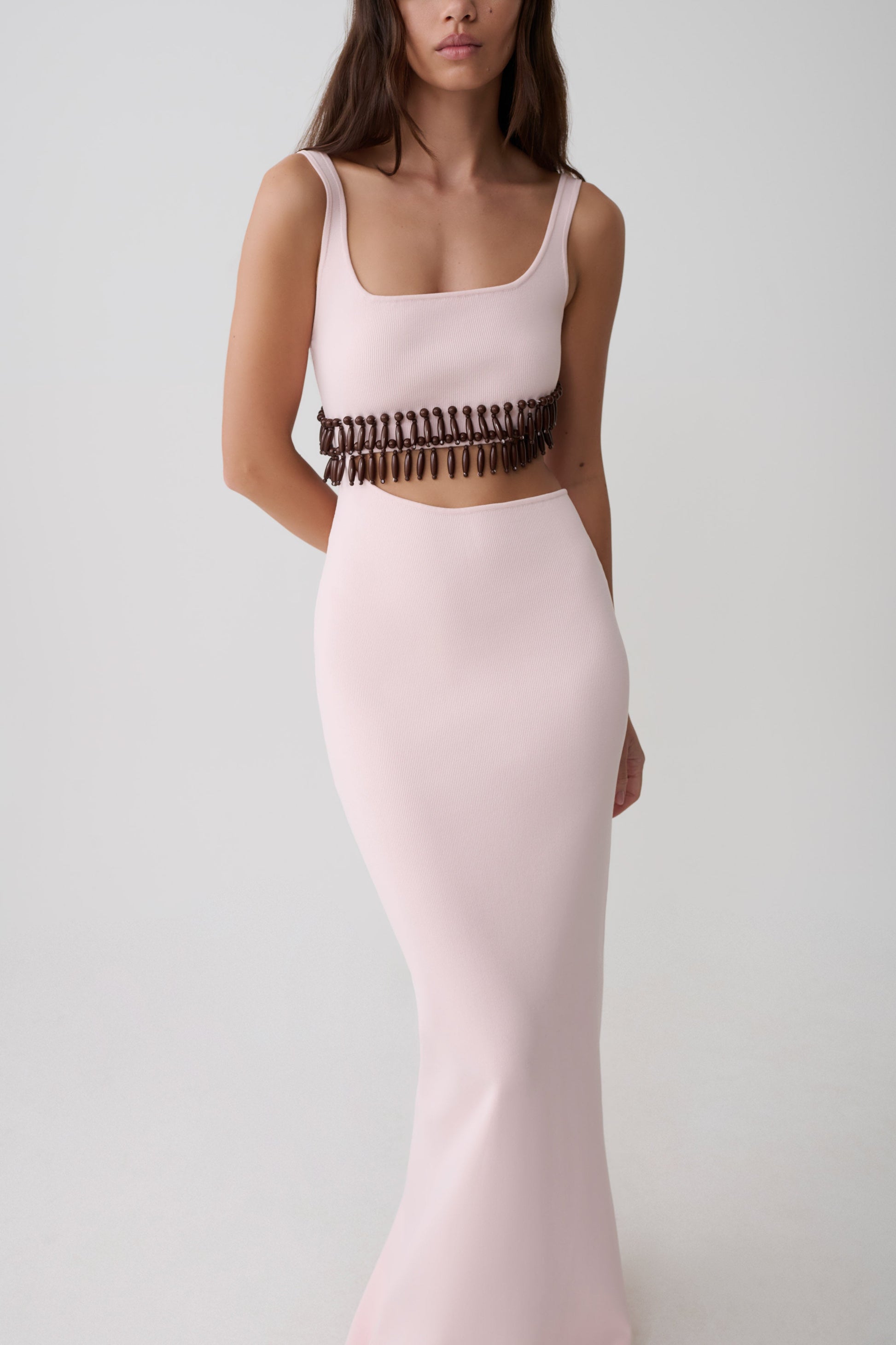 Ruvic Knit Maxi Beaded Dress / Baby Pink | MESHKI
