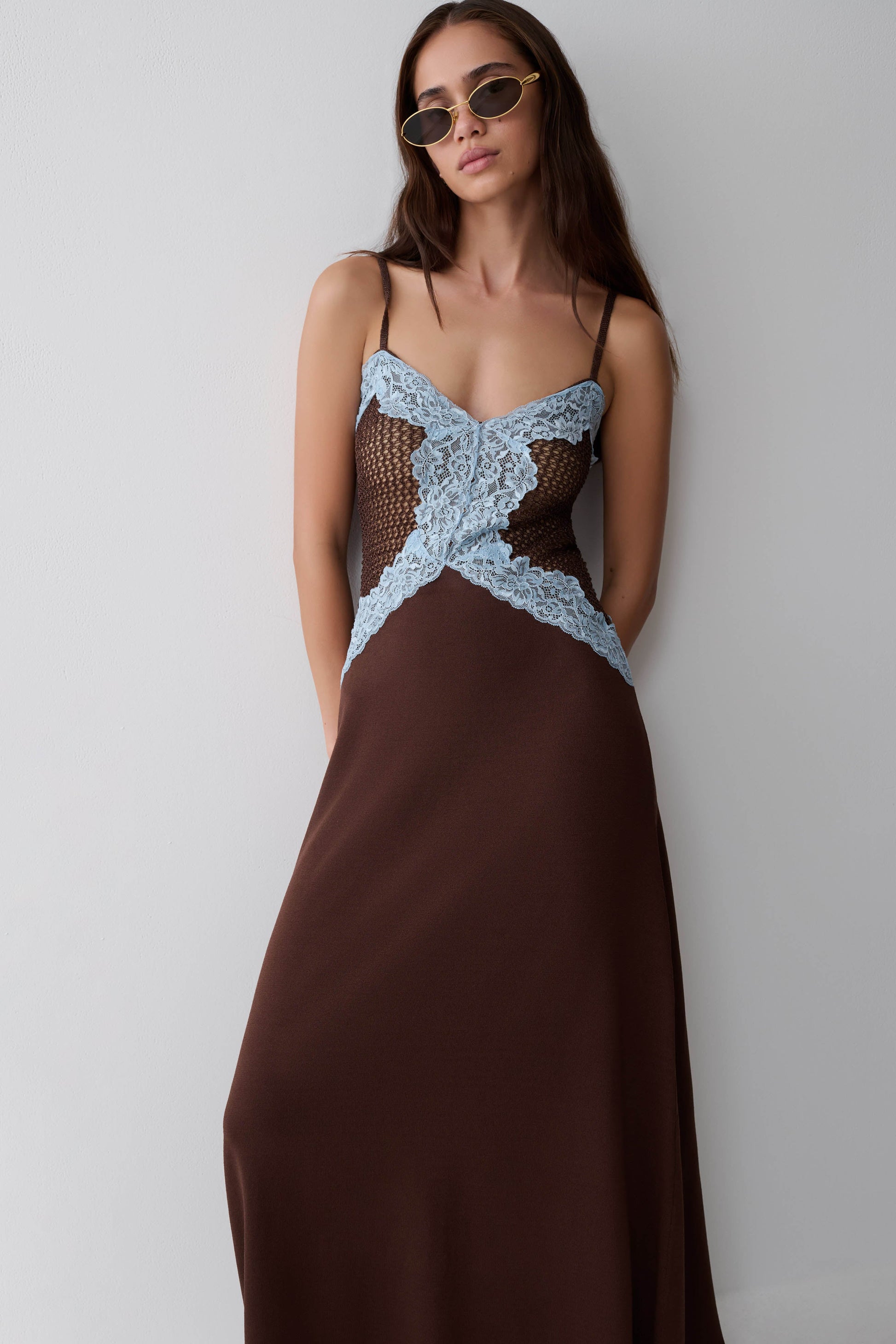 blue and tan dress Bray Knit & Lace Maxi Dress - Chocolate/Blue