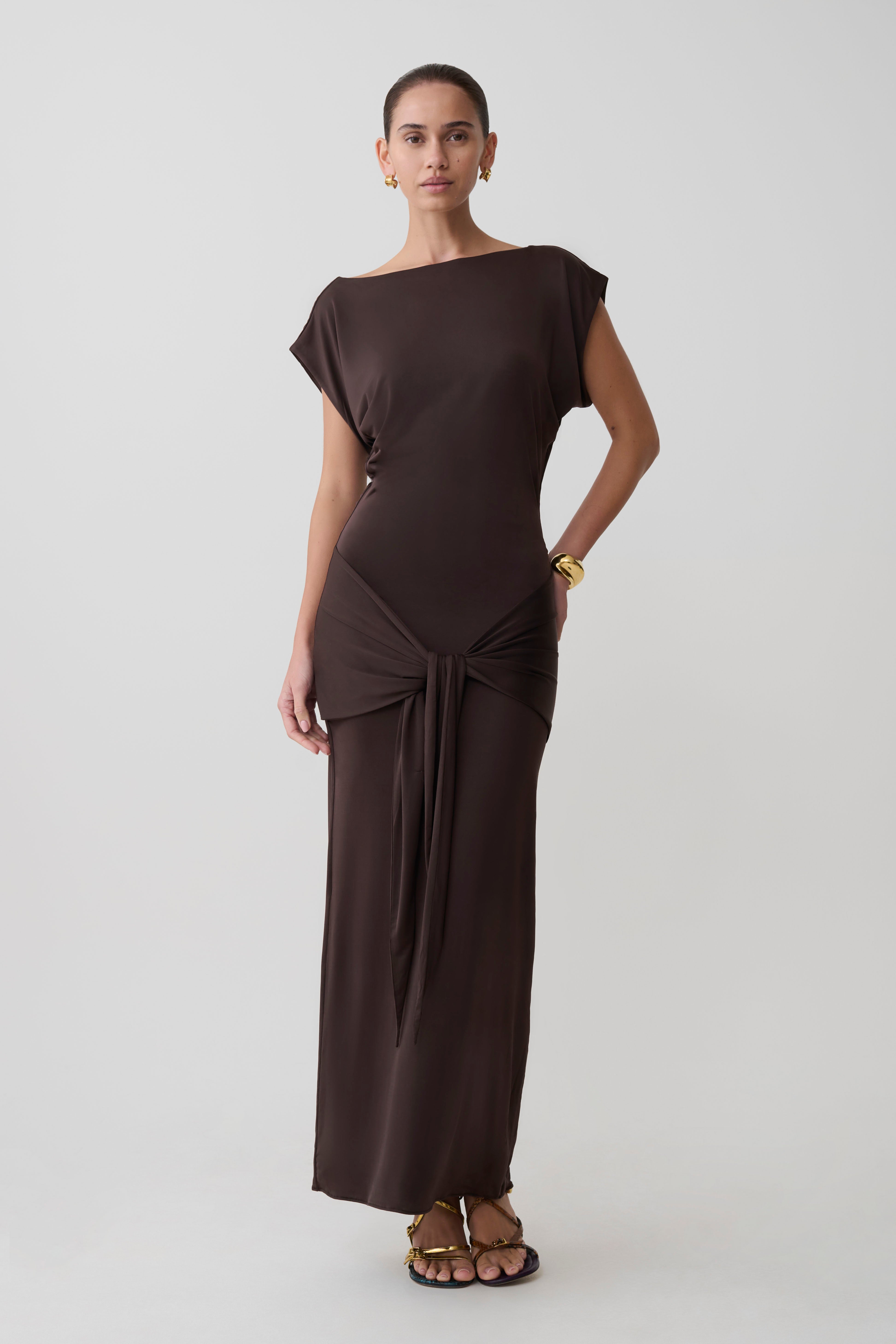 Maiara Shortsleeve Slinky Tie Maxi Dress - Chocolate | MESHKI US