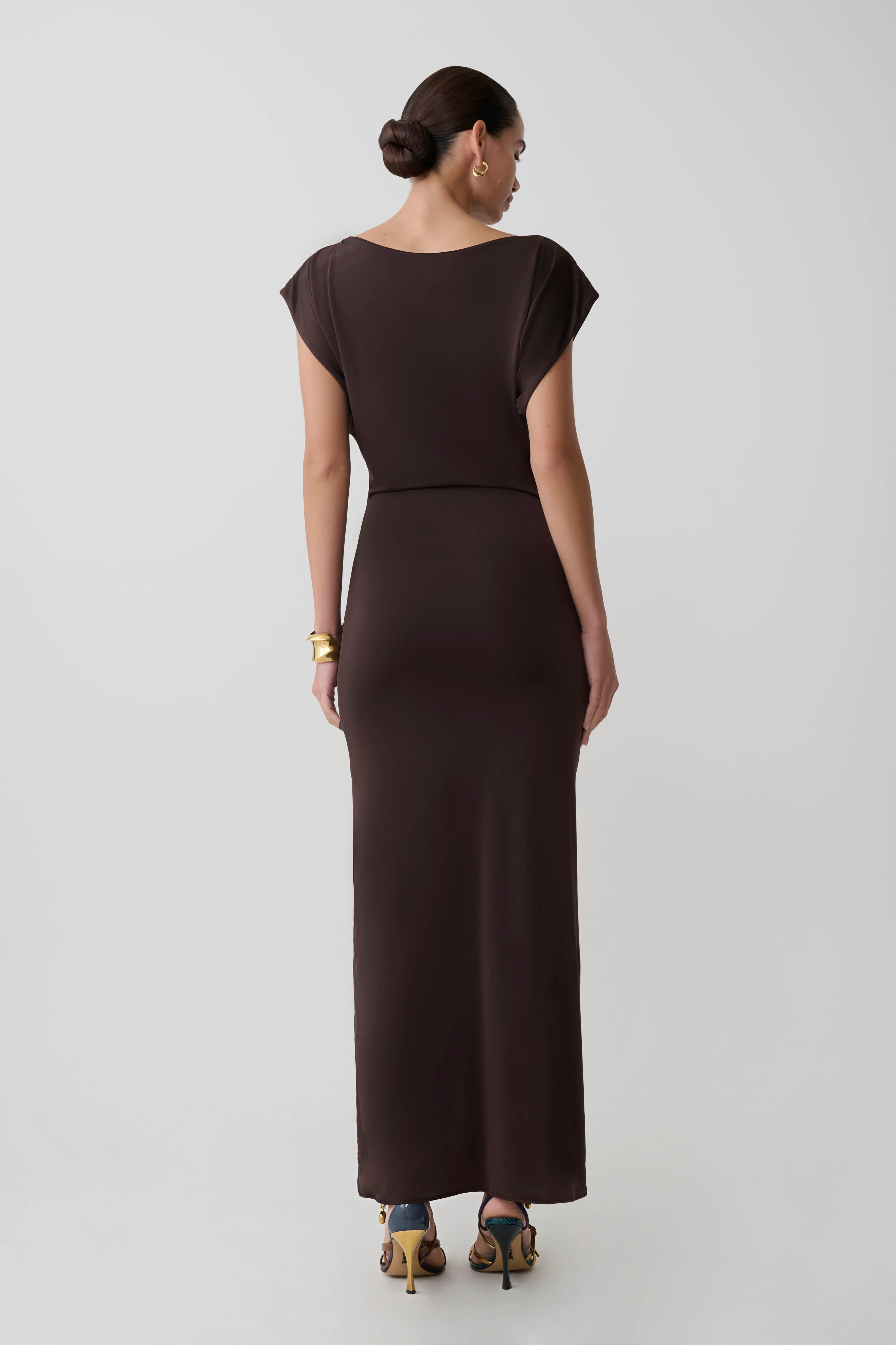 Maiara Shortsleeve Slinky Tie Maxi Dress - Chocolate | MESHKI US