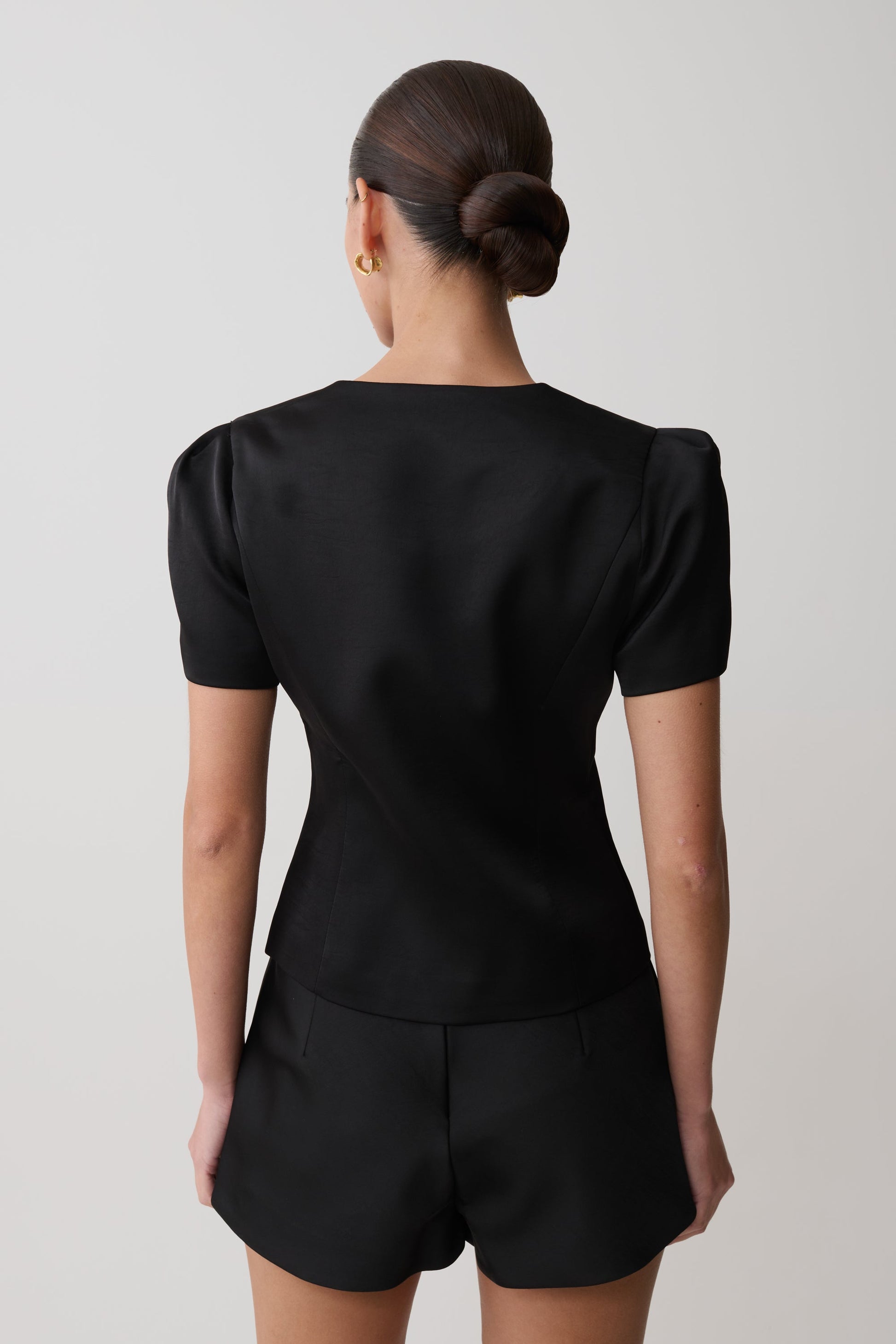 Anne Short Sleeve Satin Top - Black #3