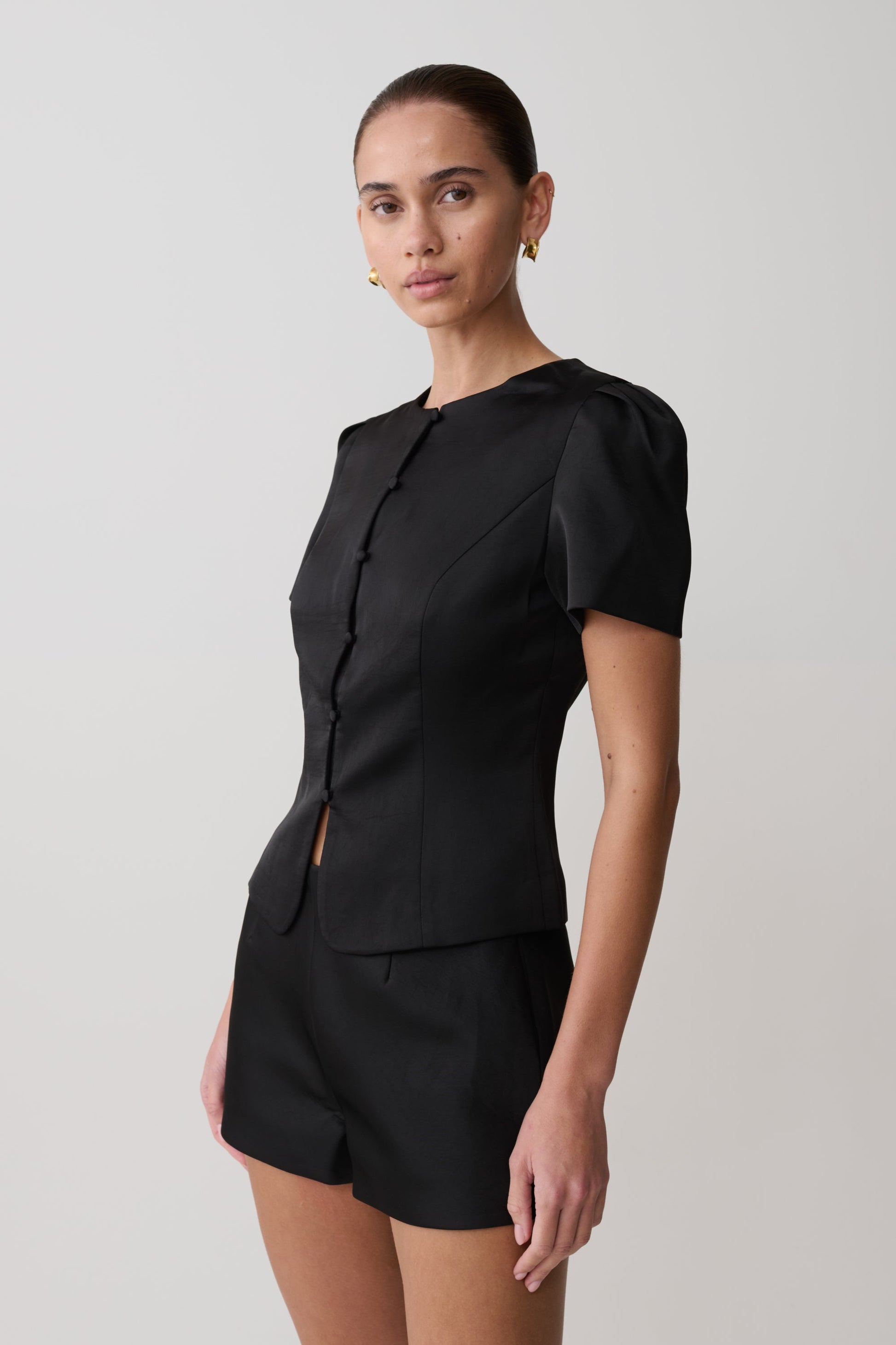 Anne Short Sleeve Satin Top - Black #4