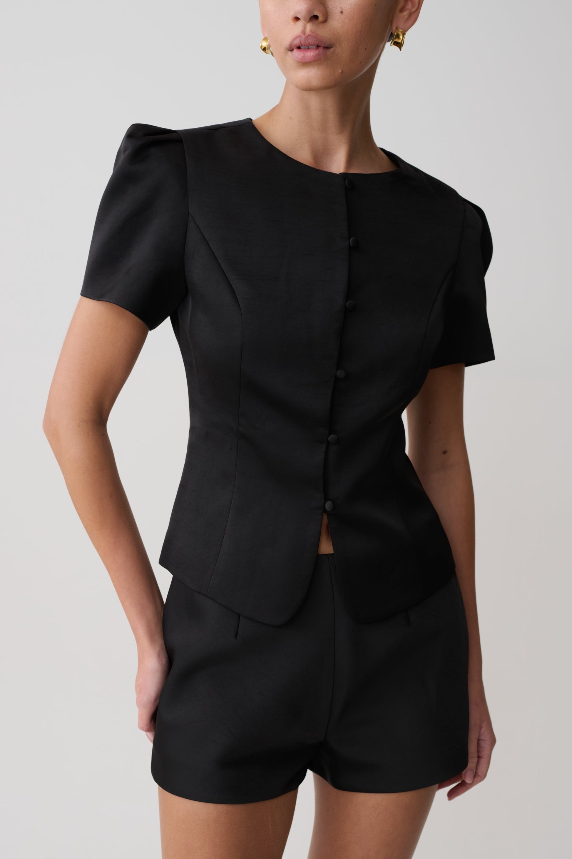 Anne Short Sleeve Satin Top - Black #8