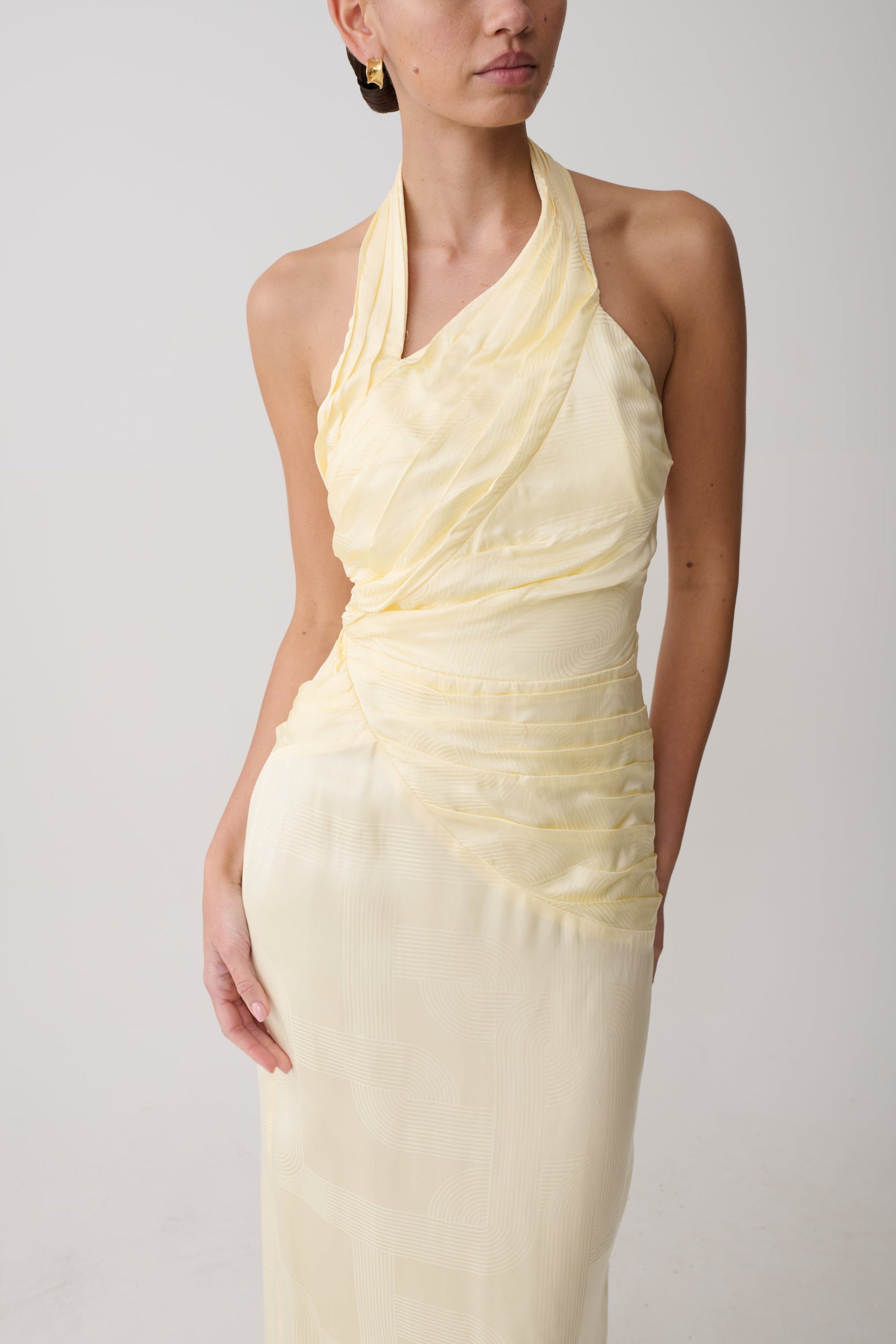 buttermilk satin dress draped to perfection, our House of CB Safaira satin cowl neck maxi dress in buttermilk yellow , available to hire in size XS/6 & S/8 for $100, DM for all bookings & try on inquiries