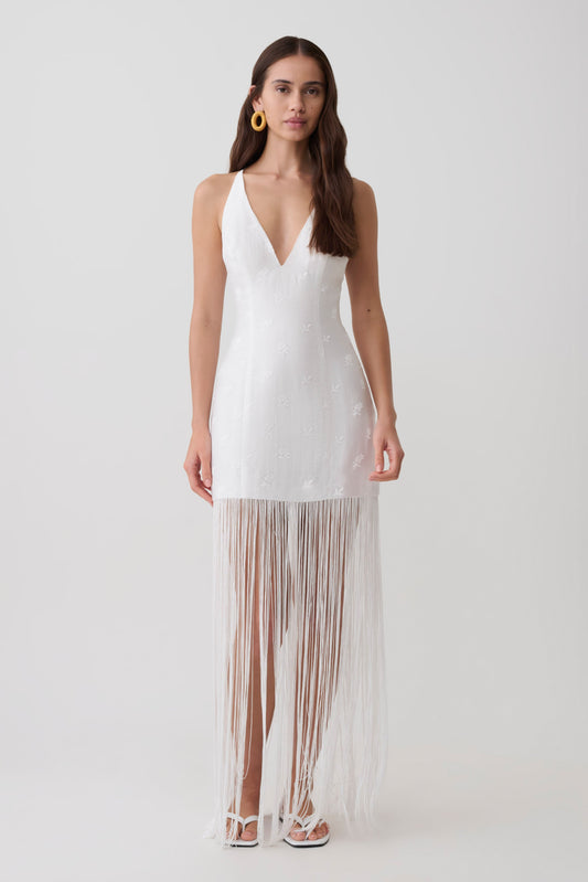 fringe dresses for women Trendy, Chic Women's Clothing Boutique Saints and Hearts Women's Long Sleeve Fringed Bodycon Dress, Natural Color, Size L Lane 201 The fitted silhouette highlights the figure Austyn Tassel Feather Mini Dress