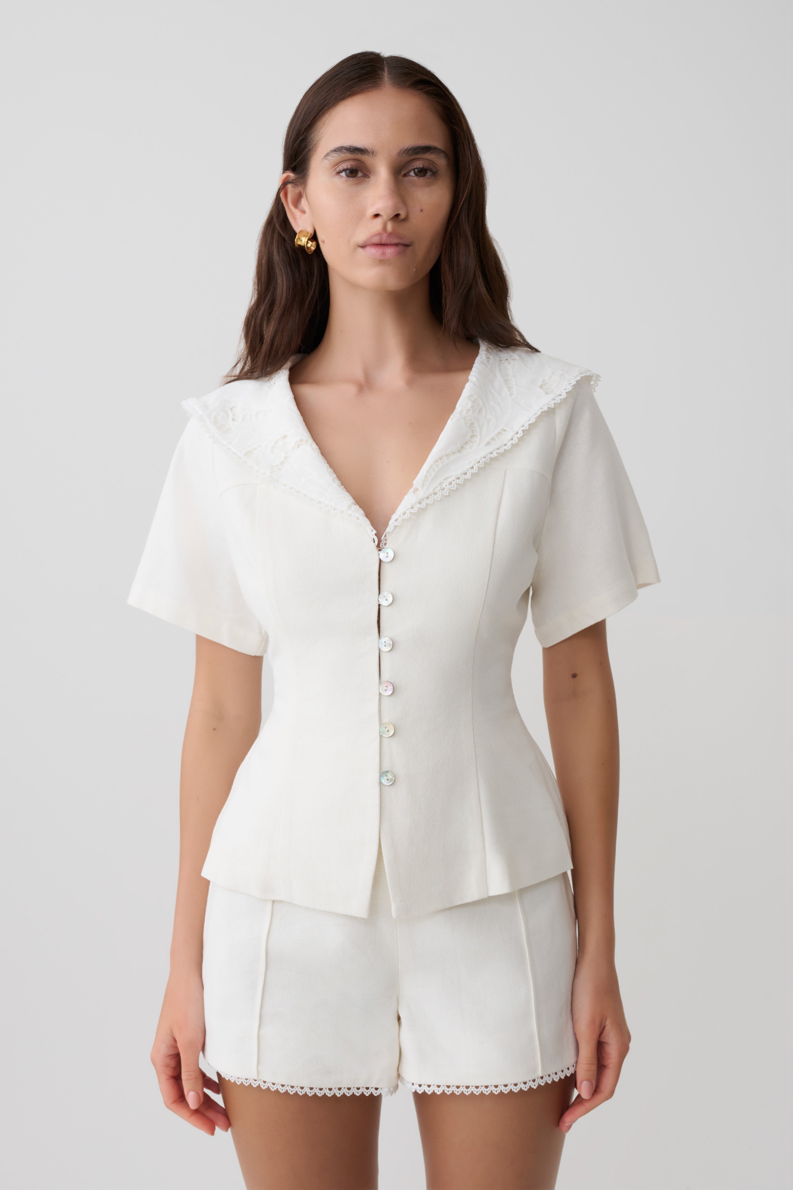 Melody Short Sleeve Shirt With Lace Collar - White | MESHKI US