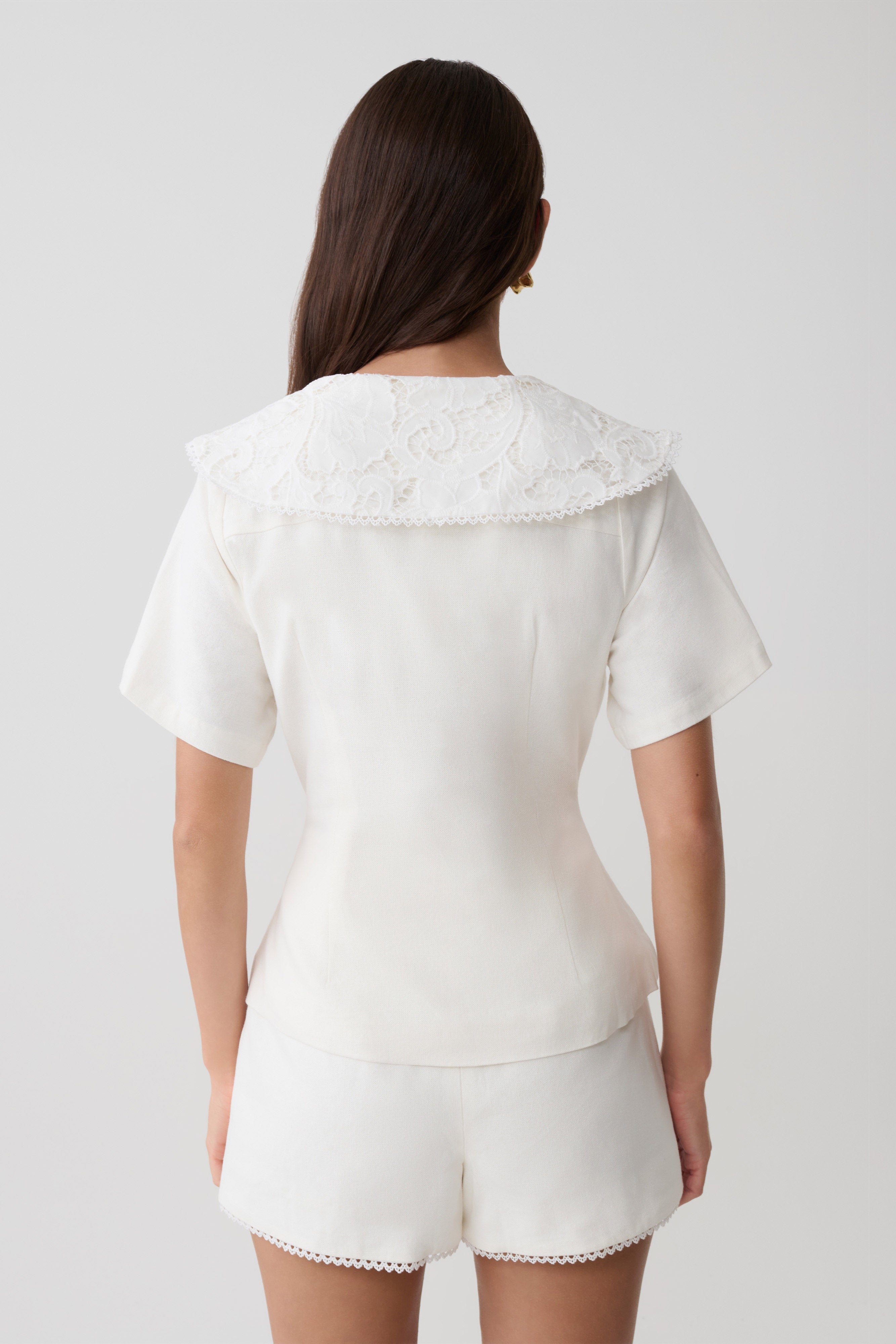 mamemiso。LACE COLLAR BLOUSE Melody Short Sleeve Shirt With Lace Collar - White | MESHKI US